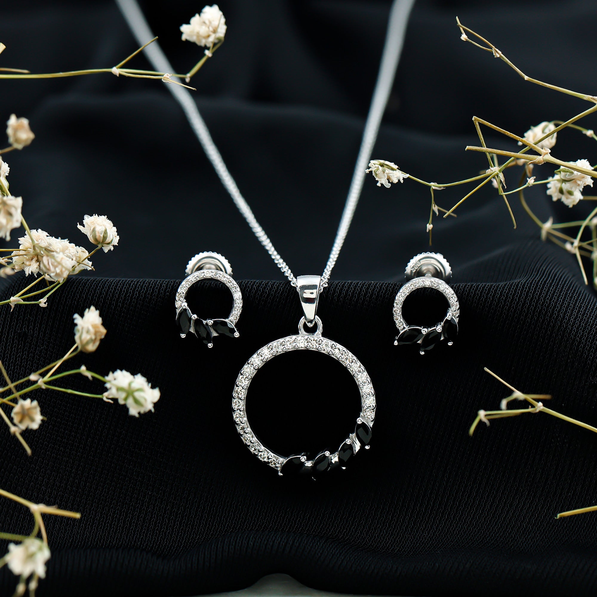 Marquise Cut Black Onyx and Diamond Eternity Jewelry Set