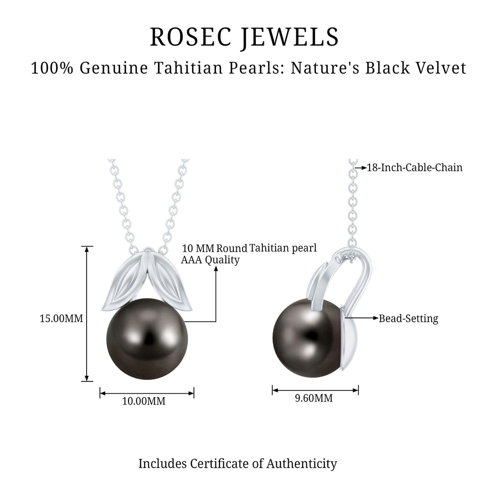 8 Carat Black Tahitian Pearl Solitaire Pendant with Leaf Motif