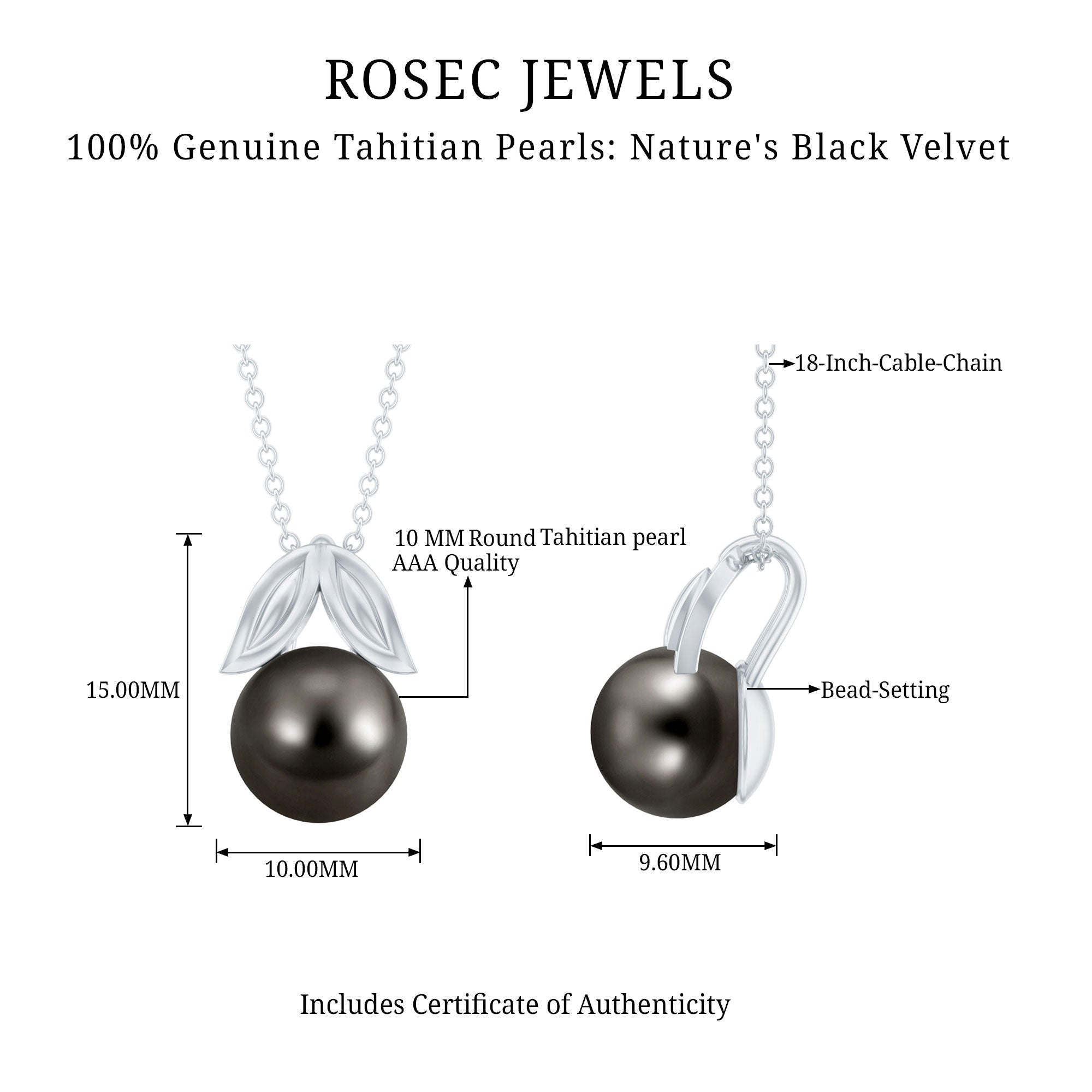 8 Carat Black Tahitian Pearl Solitaire Pendant with Leaf Motif