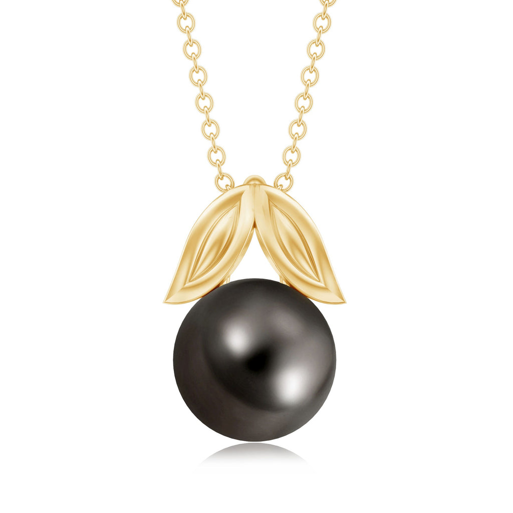 8 Carat Black Tahitian Pearl Solitaire Pendant with Leaf Motif