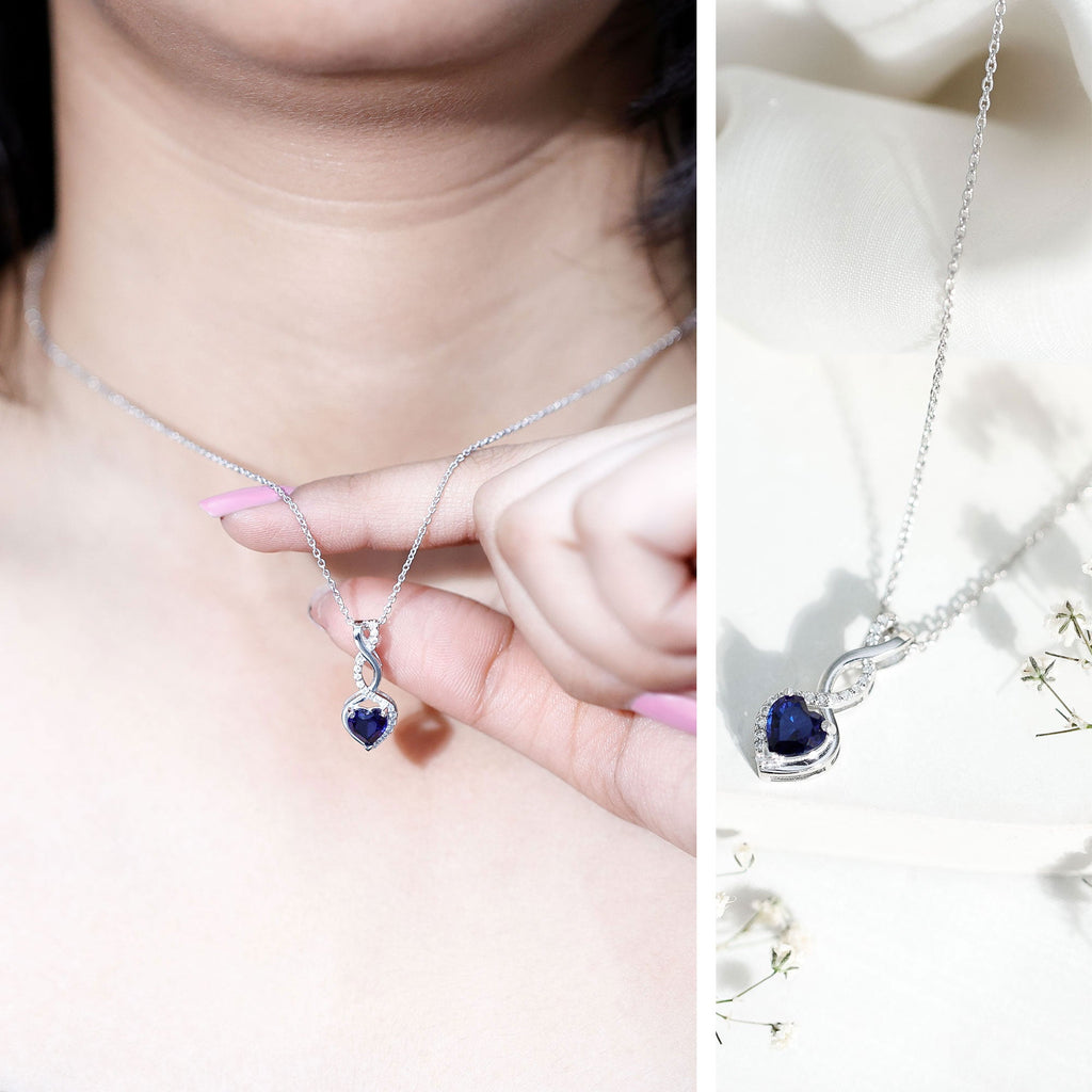Certified Lab Grown Blue Sapphire Infinity Heart Necklace with Chain