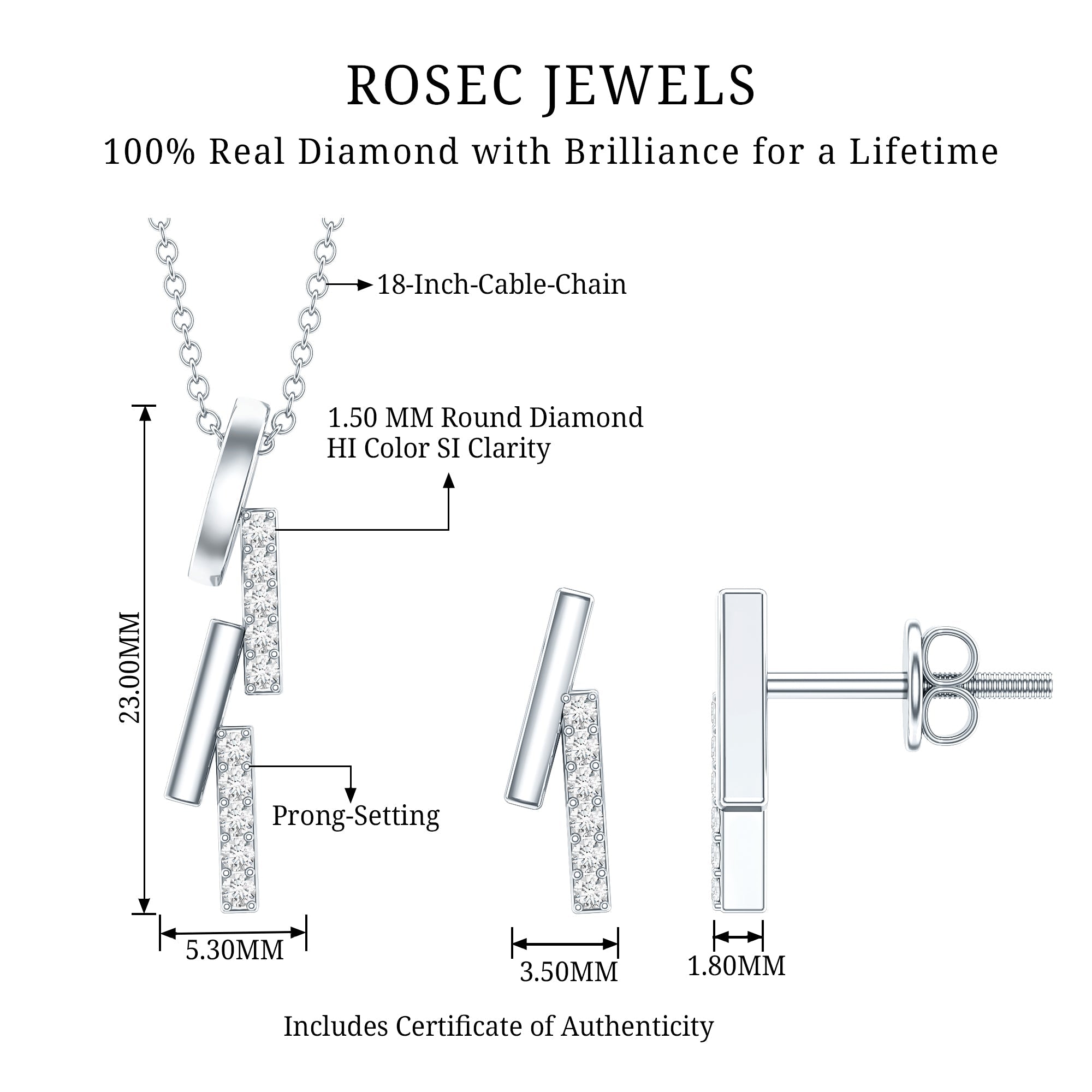 Certified Diamond Bar Dangle Necklace Earrings Set