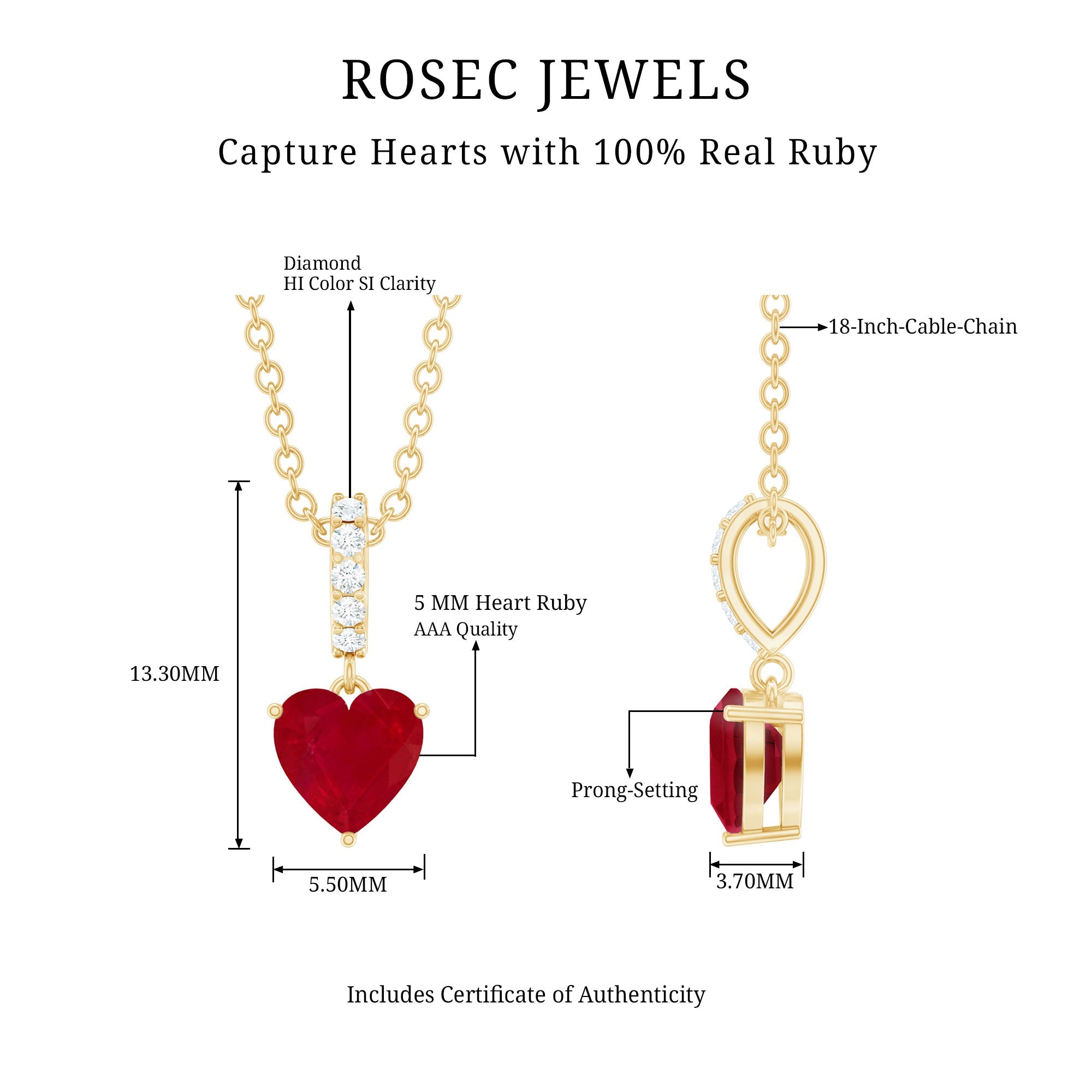 0.6 Carat Heart Shape Ruby Solitaire Necklace With Diamond