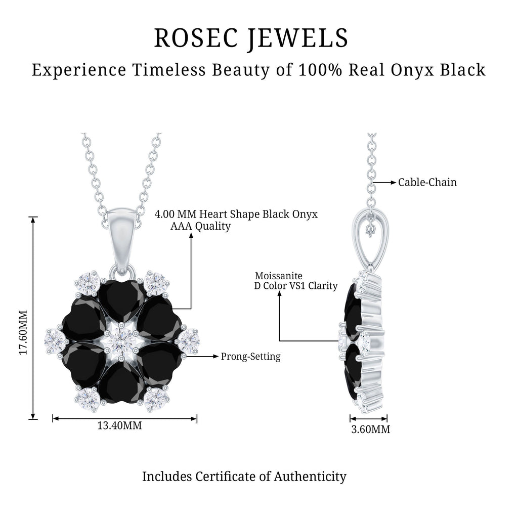 Natural Heart Shape Black Onyx Flower Pendant Necklace With Chain