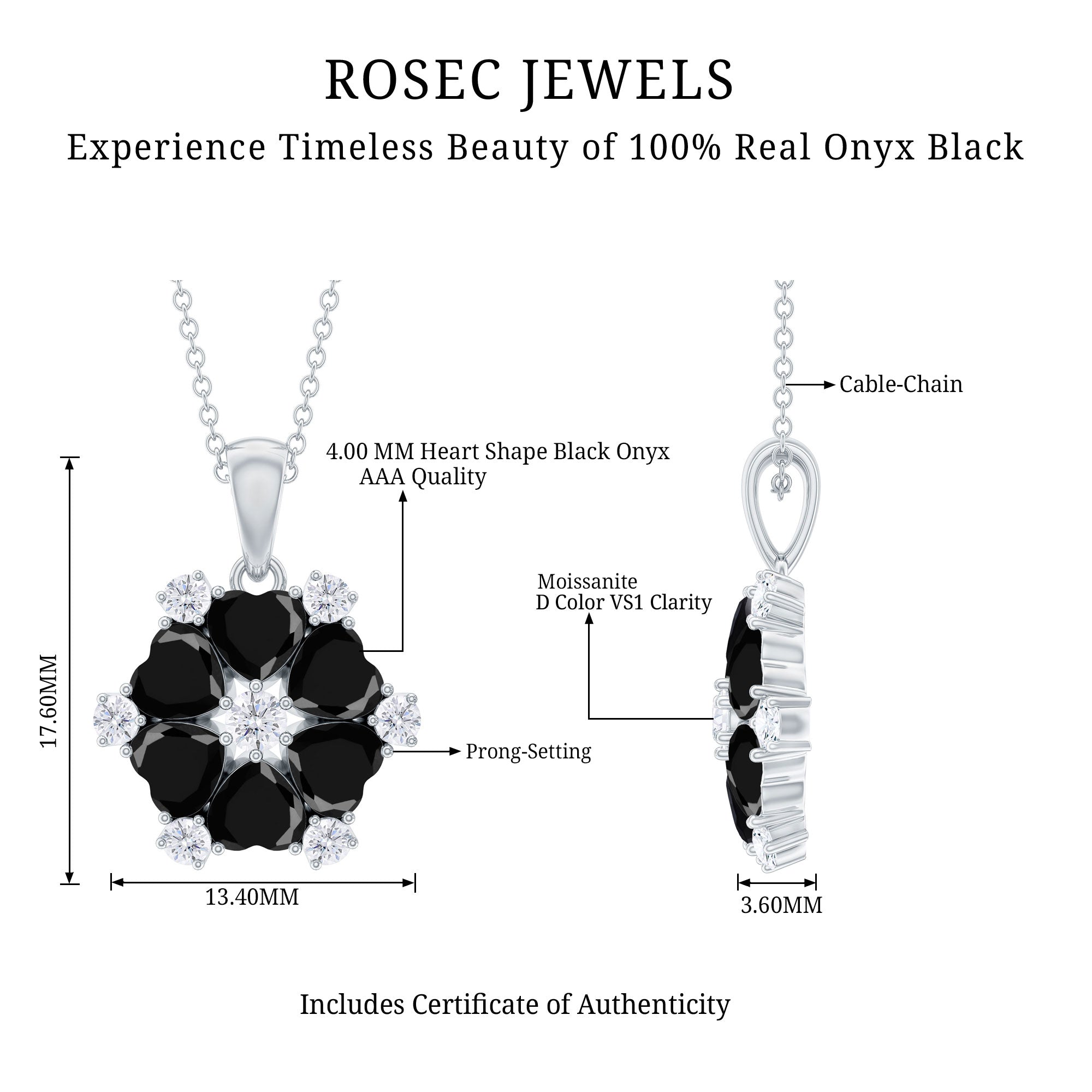 Natural Heart Shape Black Onyx Flower Pendant Necklace With Chain