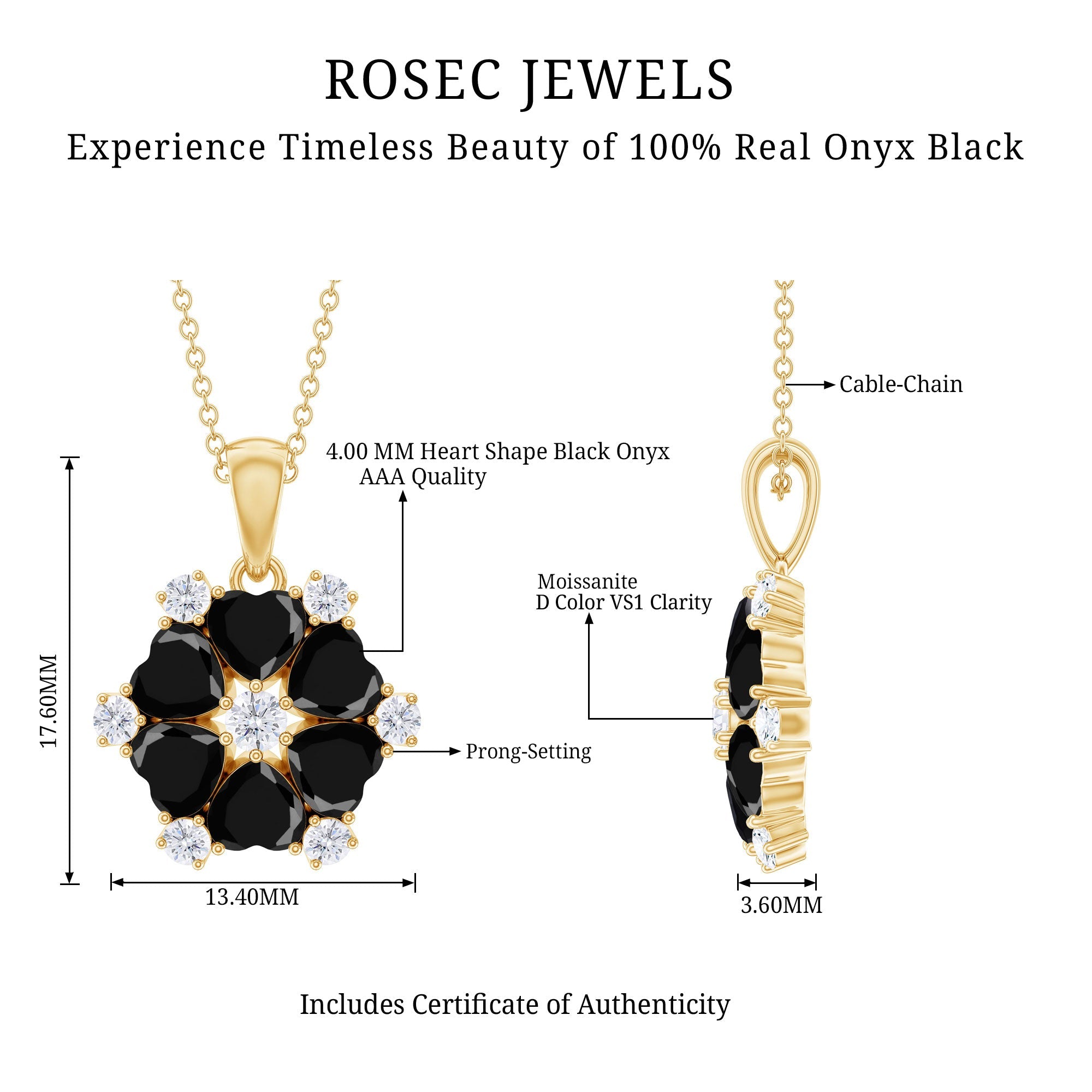 Natural Heart Shape Black Onyx Flower Pendant Necklace With Chain