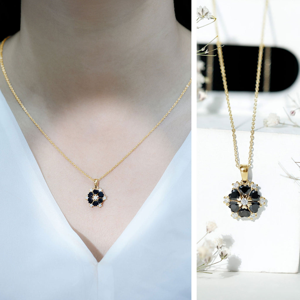 Natural Heart Shape Black Onyx Flower Pendant Necklace With Chain