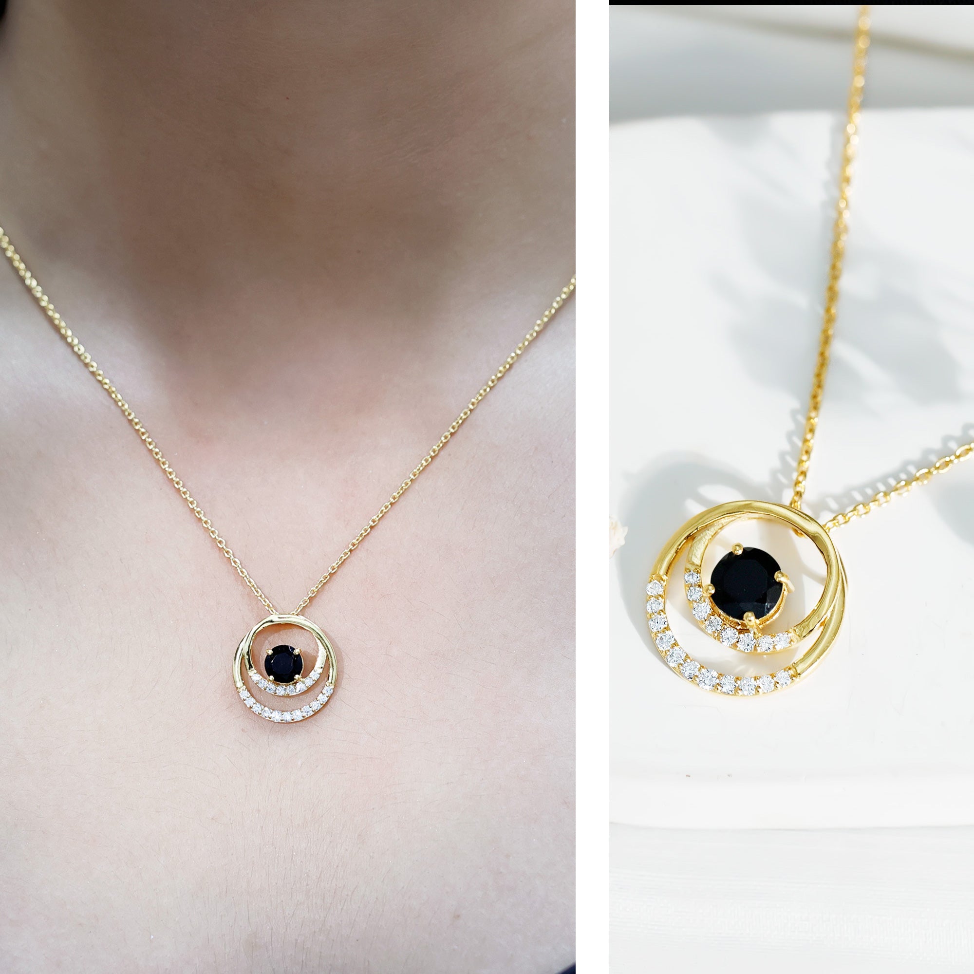 Lab Created Black and White Diamond Circle Necklace With Silver Chain