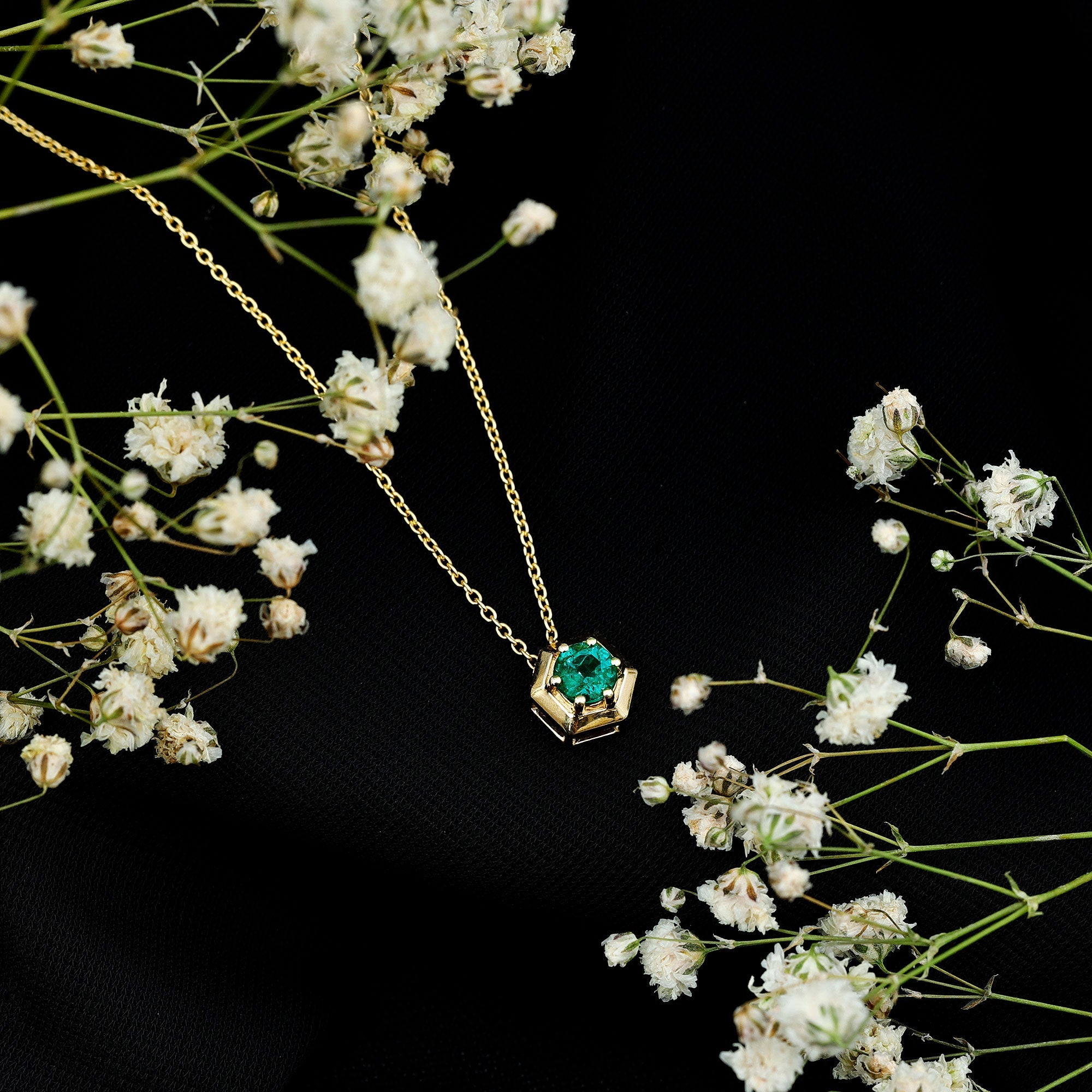 0.4 Carat Solitaire Emerald Hexagon Pendant Necklace
