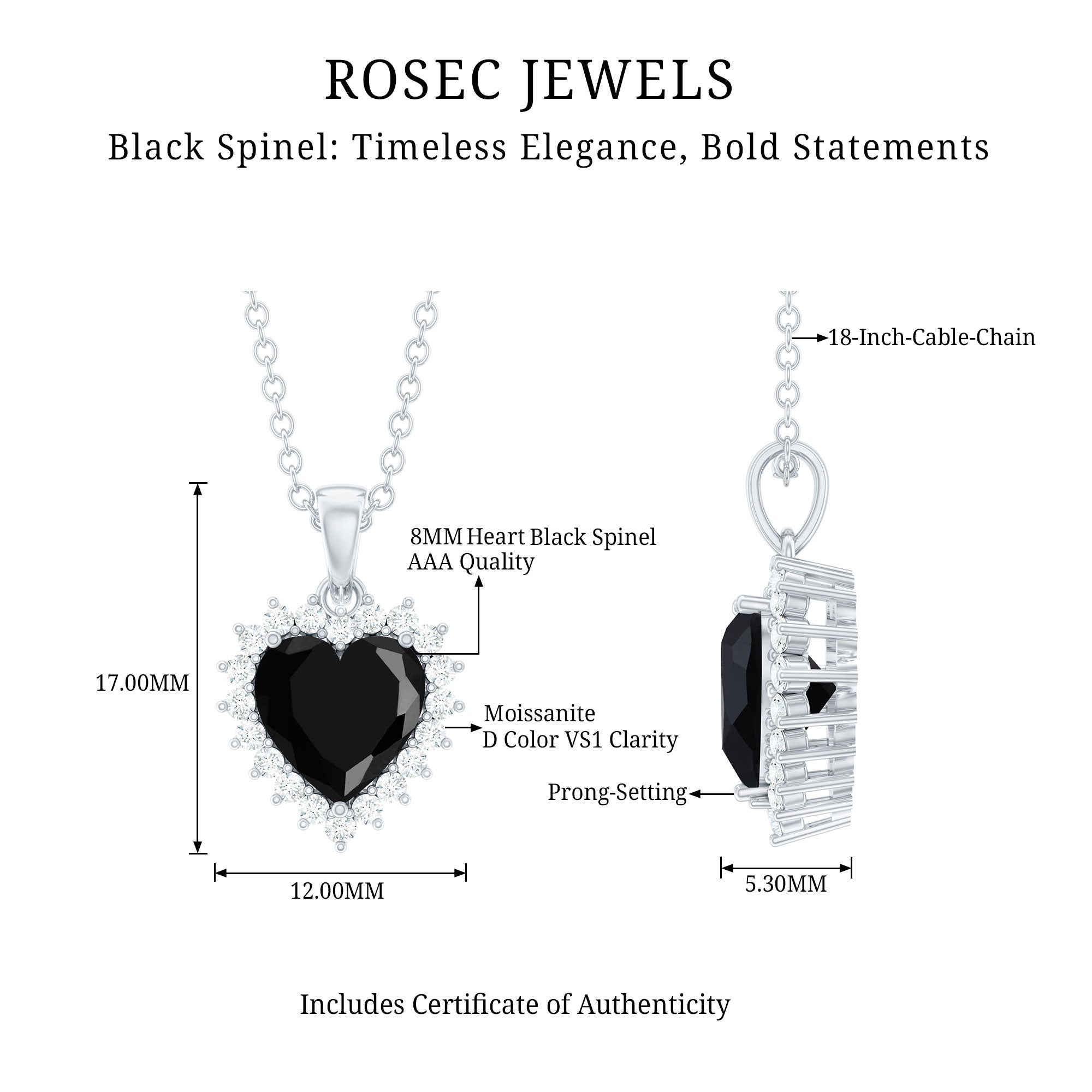 Natural Black Spinel Heart Shape Necklace with Moissanite Halo
