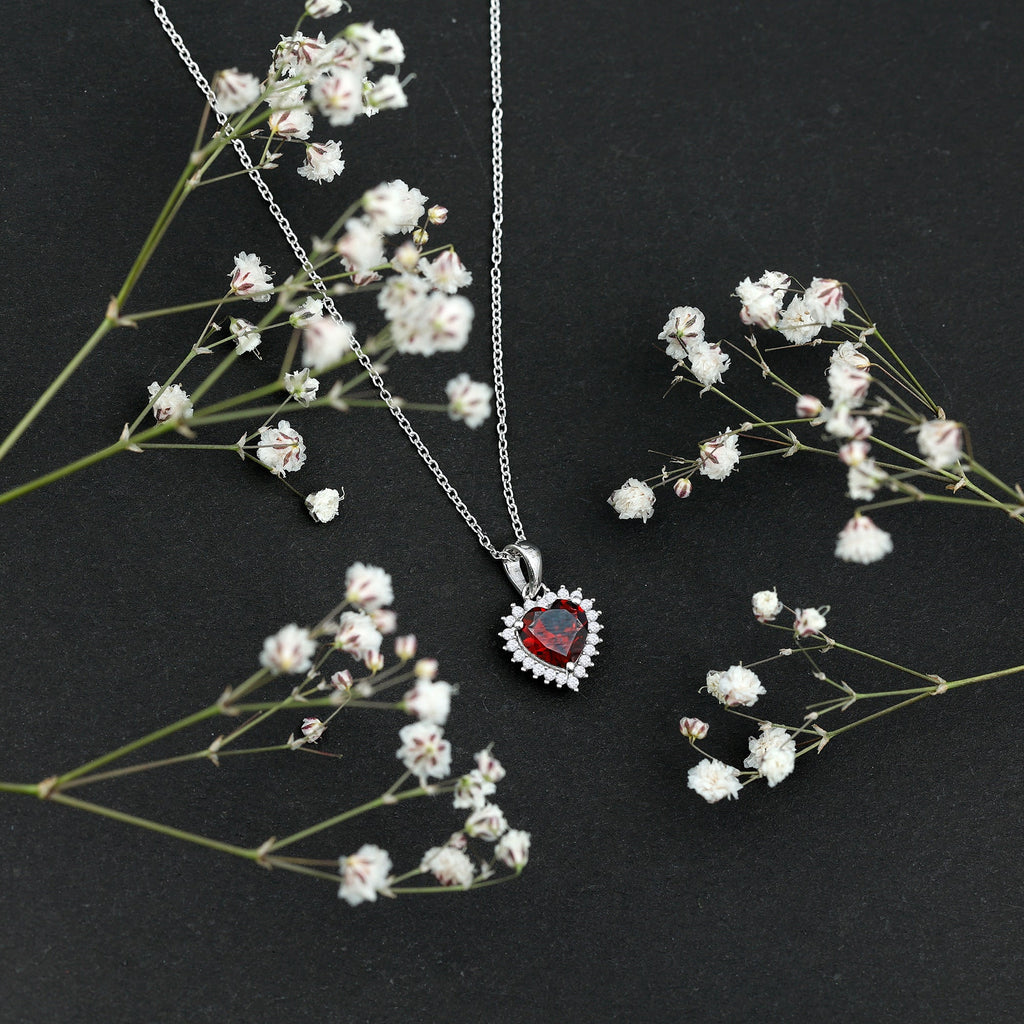 Garnet Heart Pendant Necklace with Moissanite Halo