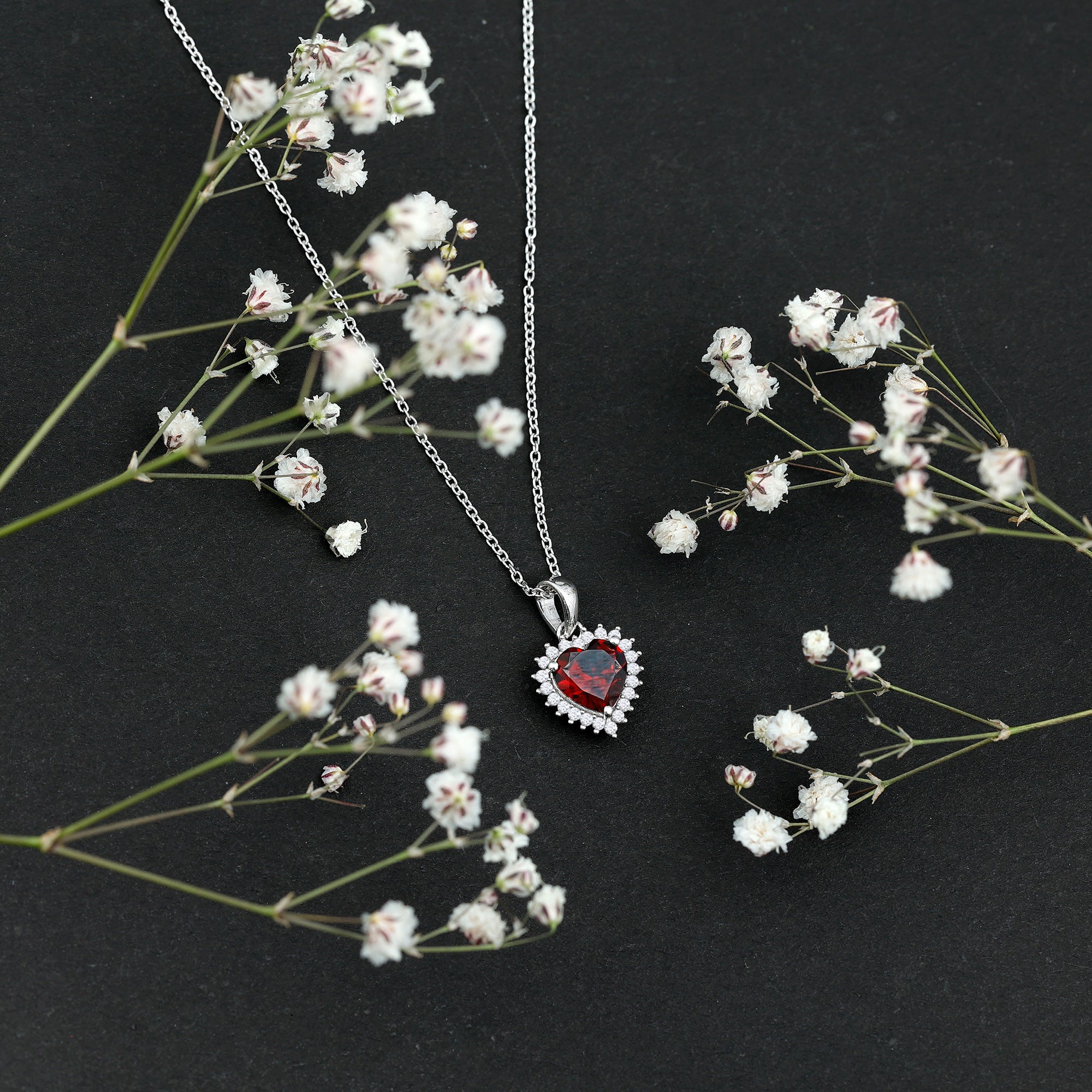 Garnet Heart Pendant Necklace with Moissanite Halo
