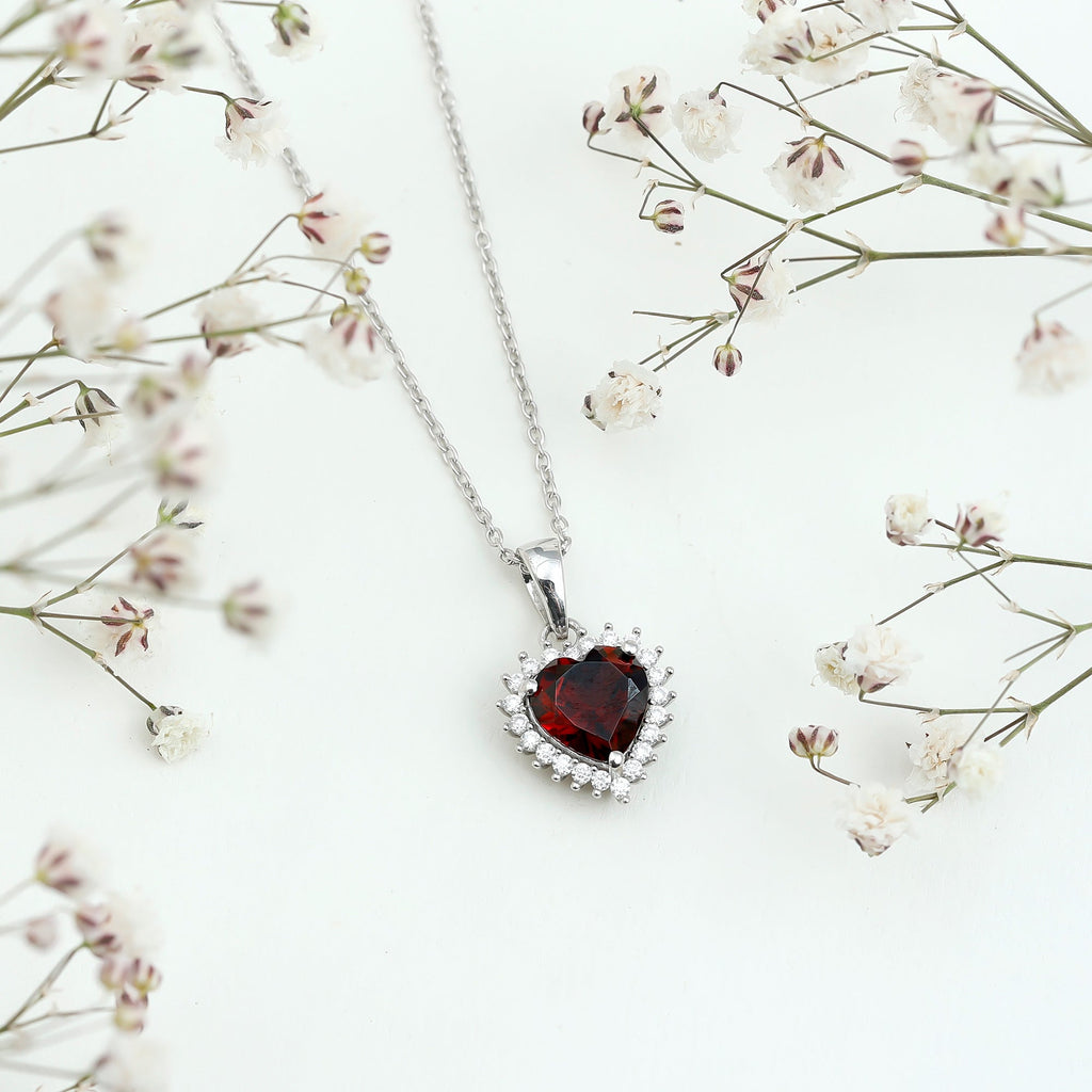 Garnet Heart Pendant Necklace with Moissanite Halo