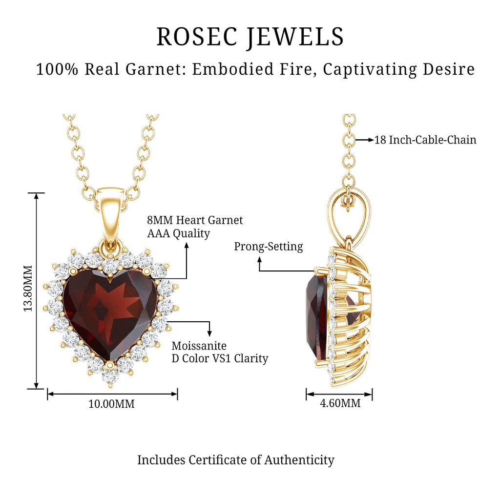 Garnet Heart Pendant Necklace with Moissanite Halo