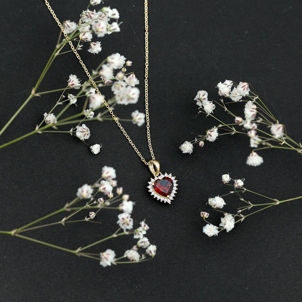 Garnet Heart Pendant Necklace with Moissanite Halo