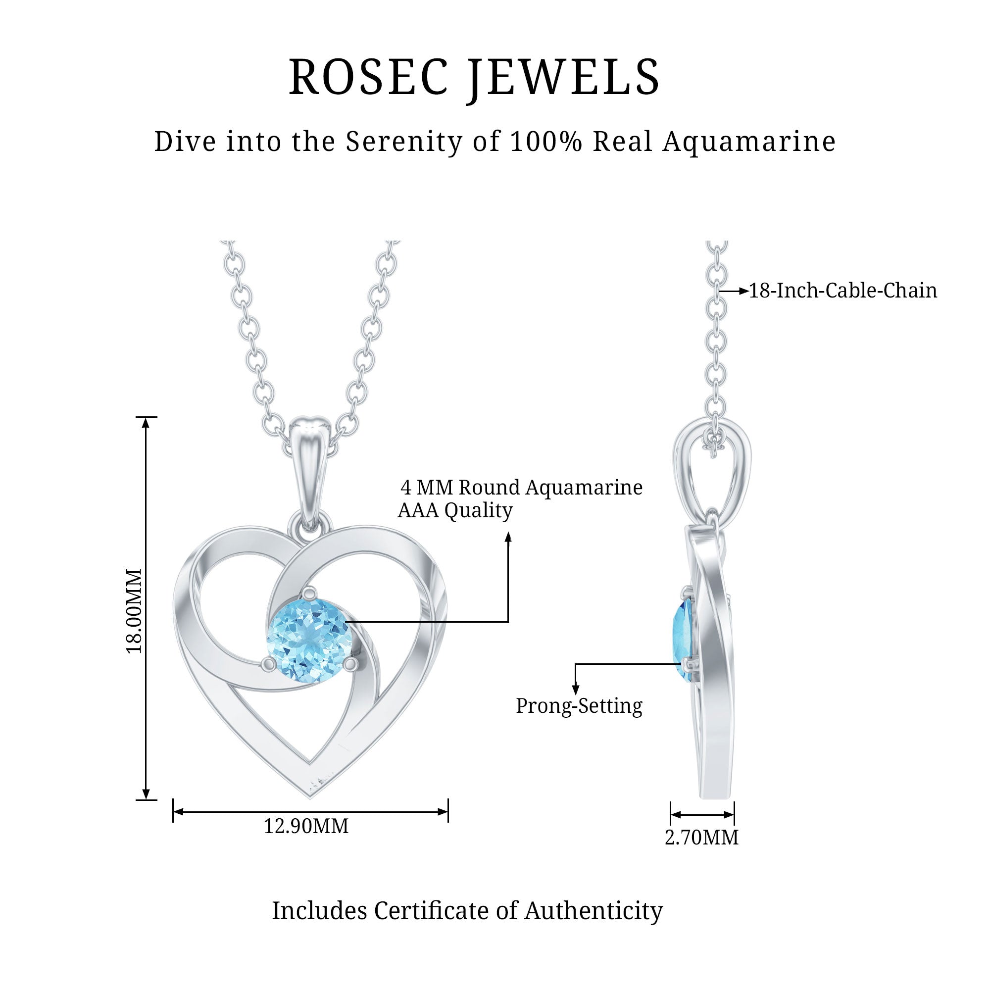 March Birthstone Aquamarine Solitaire Heart Necklace With Chain