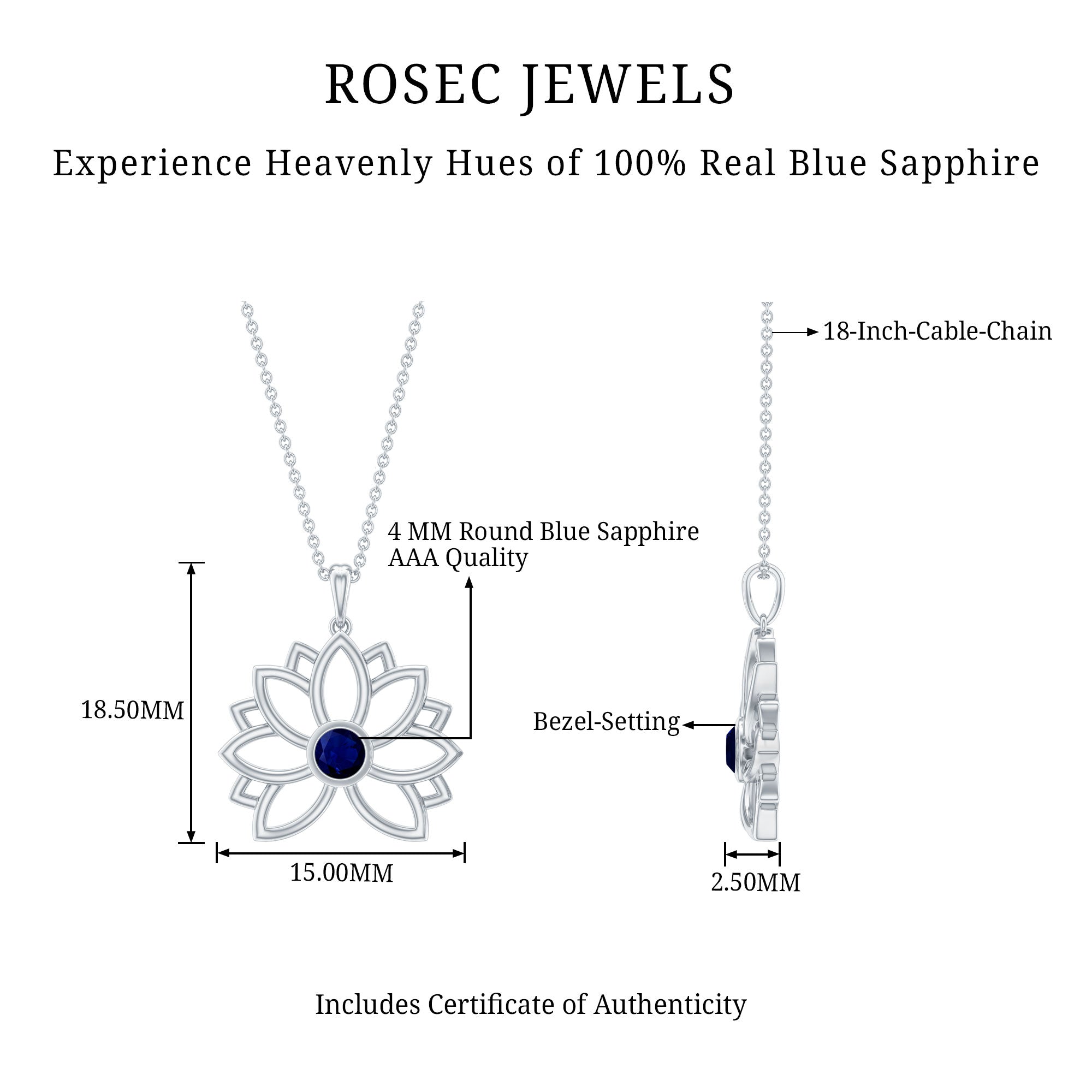 Real Blue Sapphire Lotus Flower Necklace with Chain