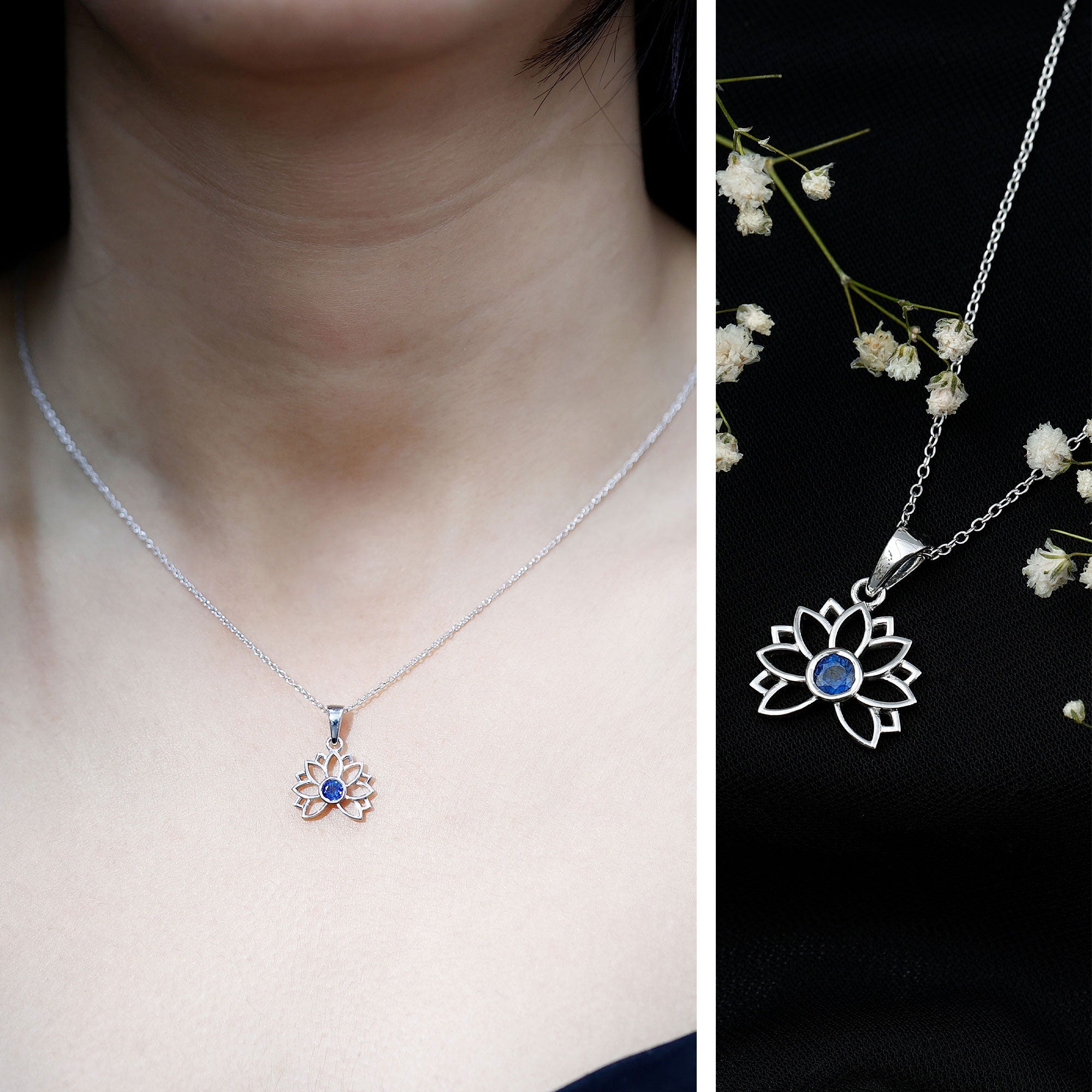 Real Blue Sapphire Lotus Flower Necklace with Chain