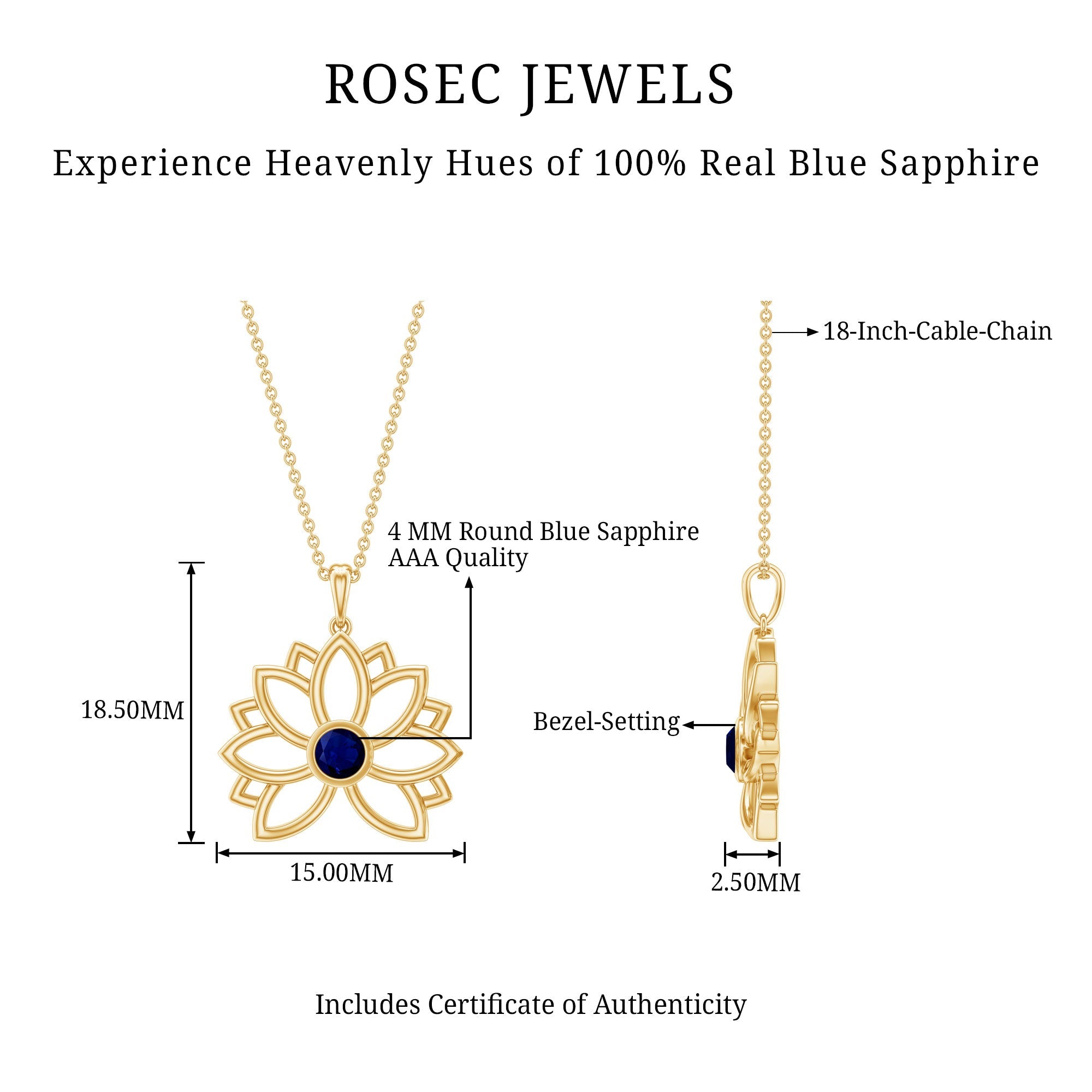 Real Blue Sapphire Lotus Flower Necklace with Chain