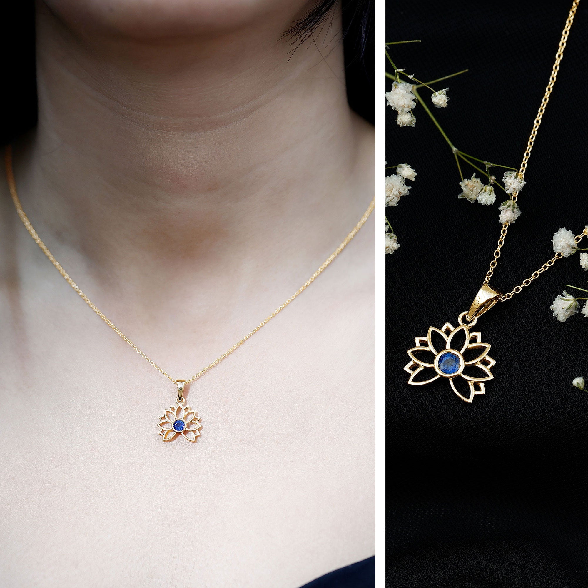 Real Blue Sapphire Lotus Flower Necklace with Chain