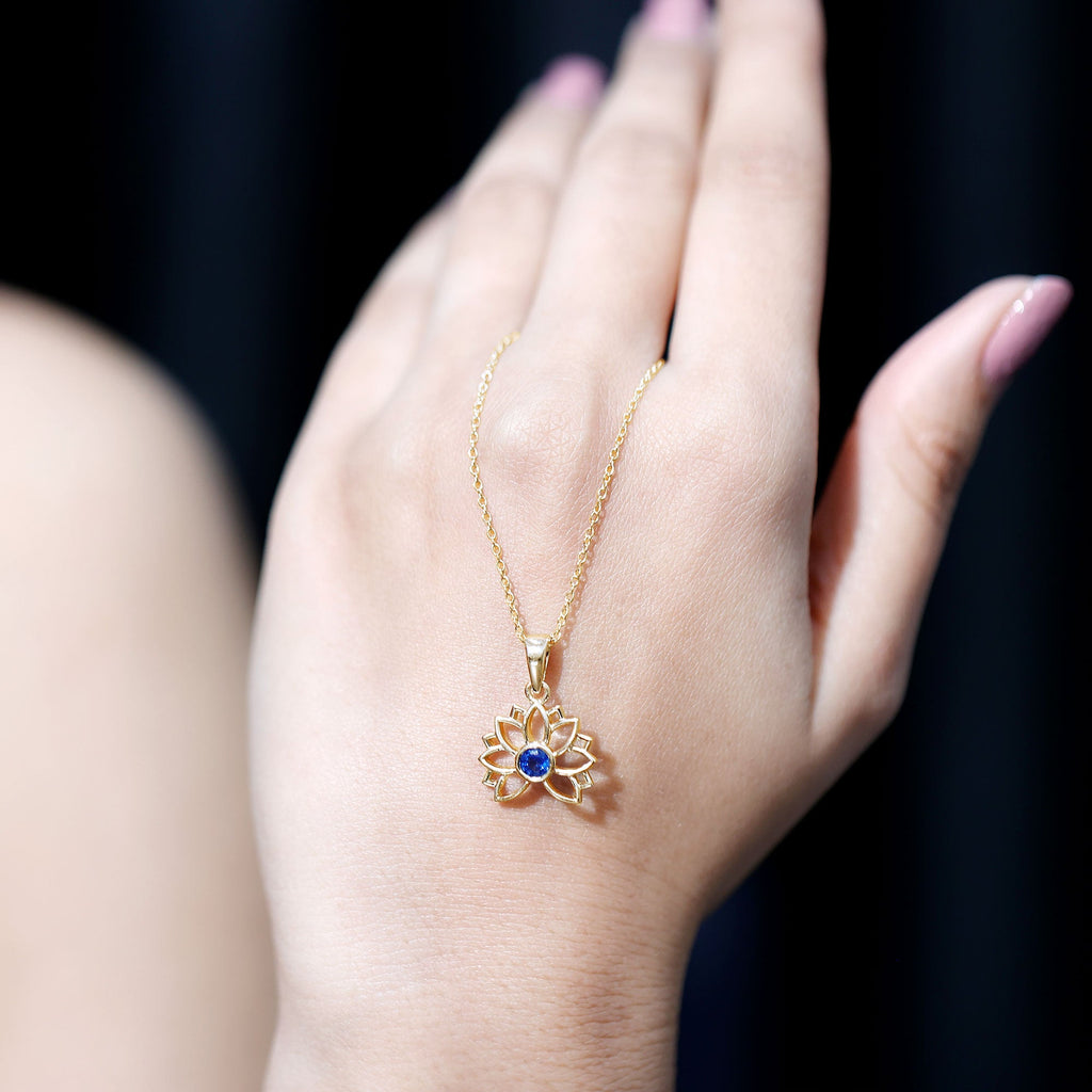 Real Blue Sapphire Lotus Flower Necklace with Chain