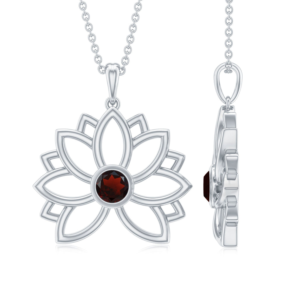 Bezel Set Garnet Lotus Floral Pendant Necklace