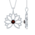 Bezel Set Garnet Lotus Floral Pendant Necklace