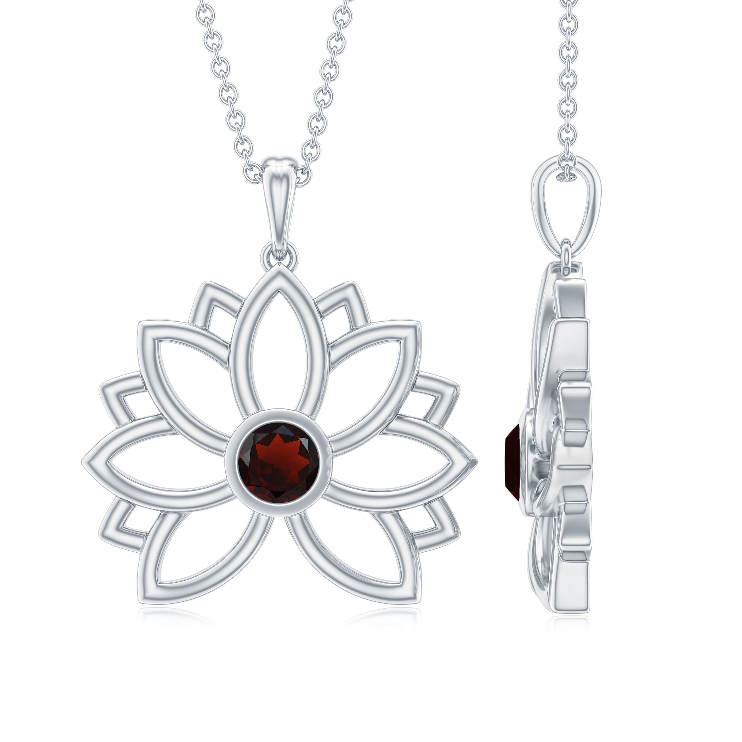 Bezel Set Garnet Lotus Floral Pendant Necklace