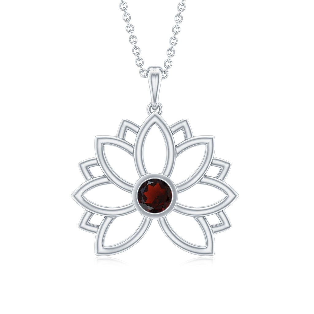 Bezel Set Garnet Lotus Floral Pendant Necklace