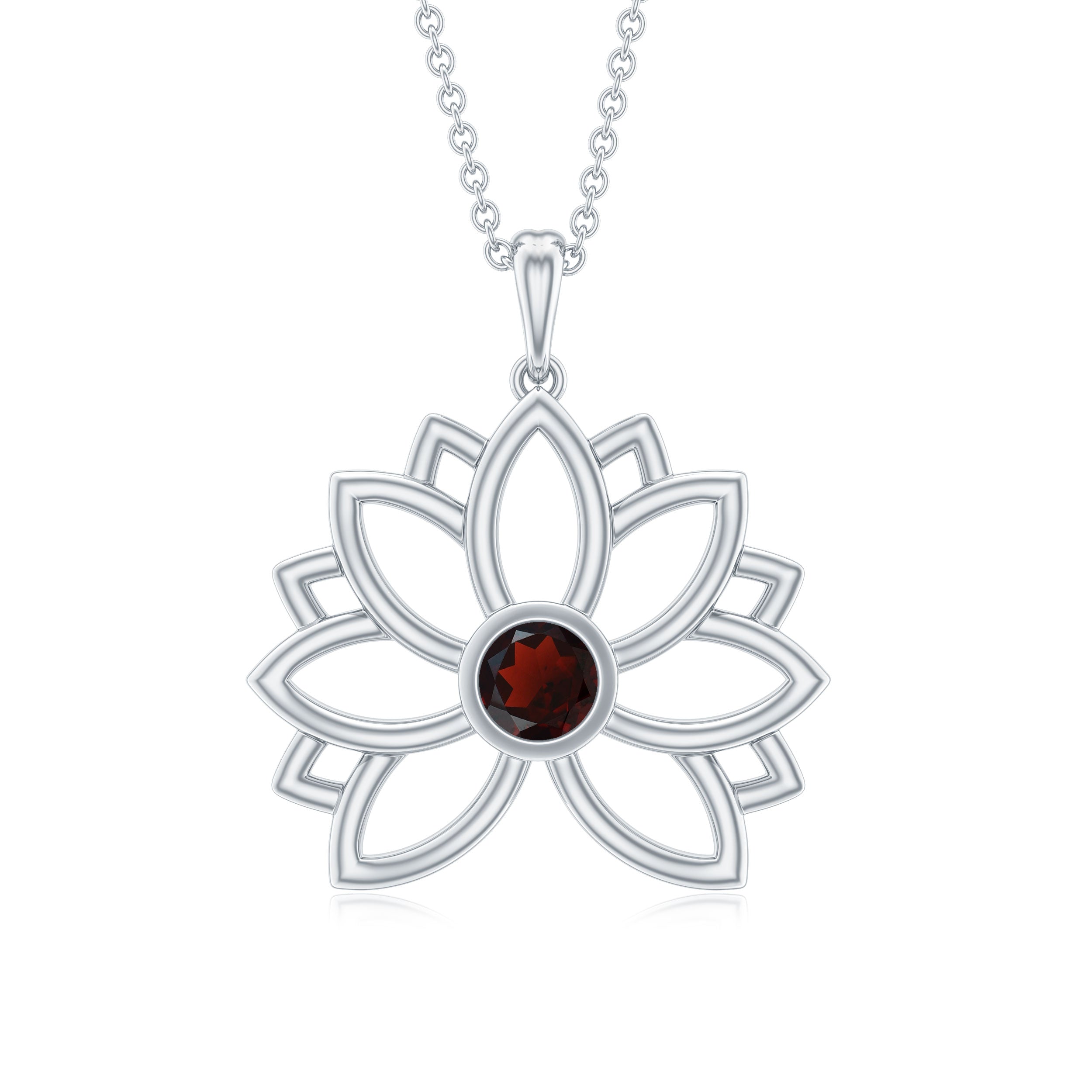 Bezel Set Garnet Lotus Floral Pendant Necklace
