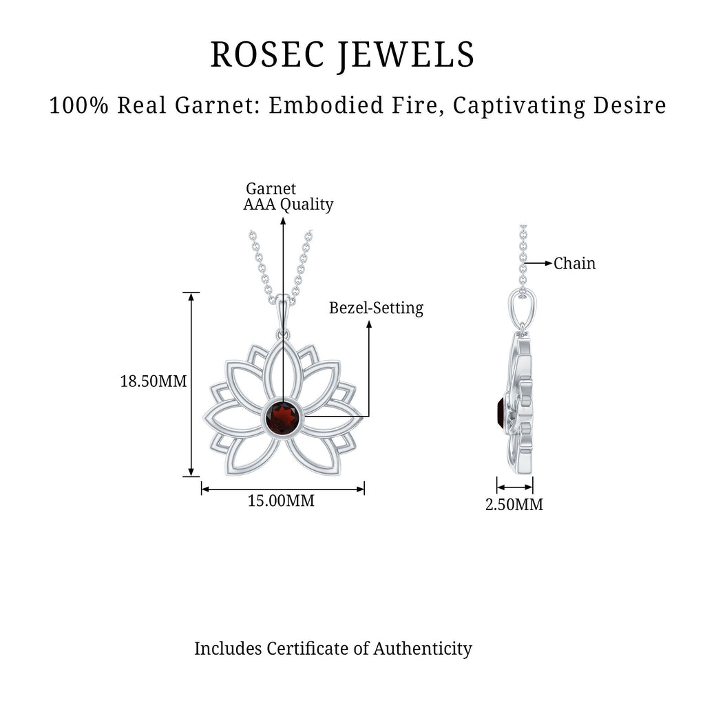 Bezel Set Garnet Lotus Floral Pendant Necklace
