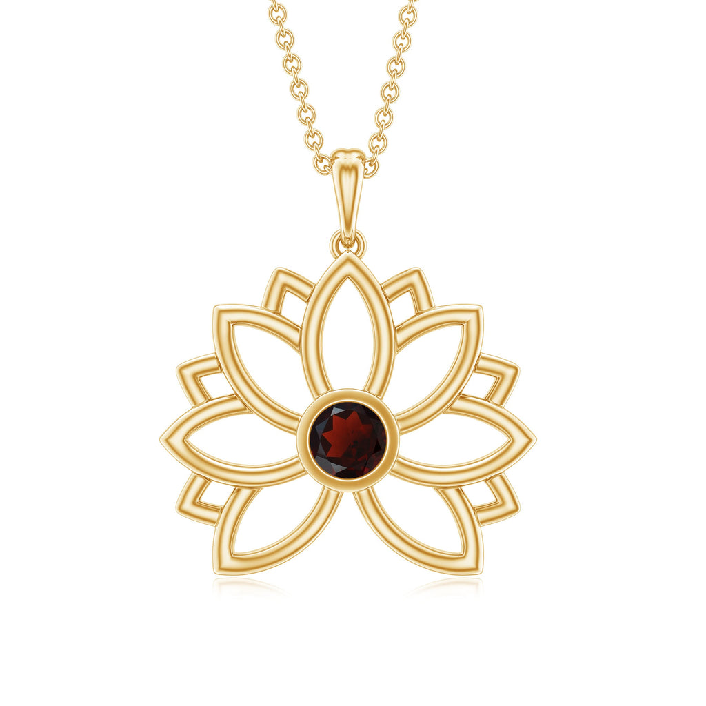 Bezel Set Garnet Lotus Floral Pendant Necklace