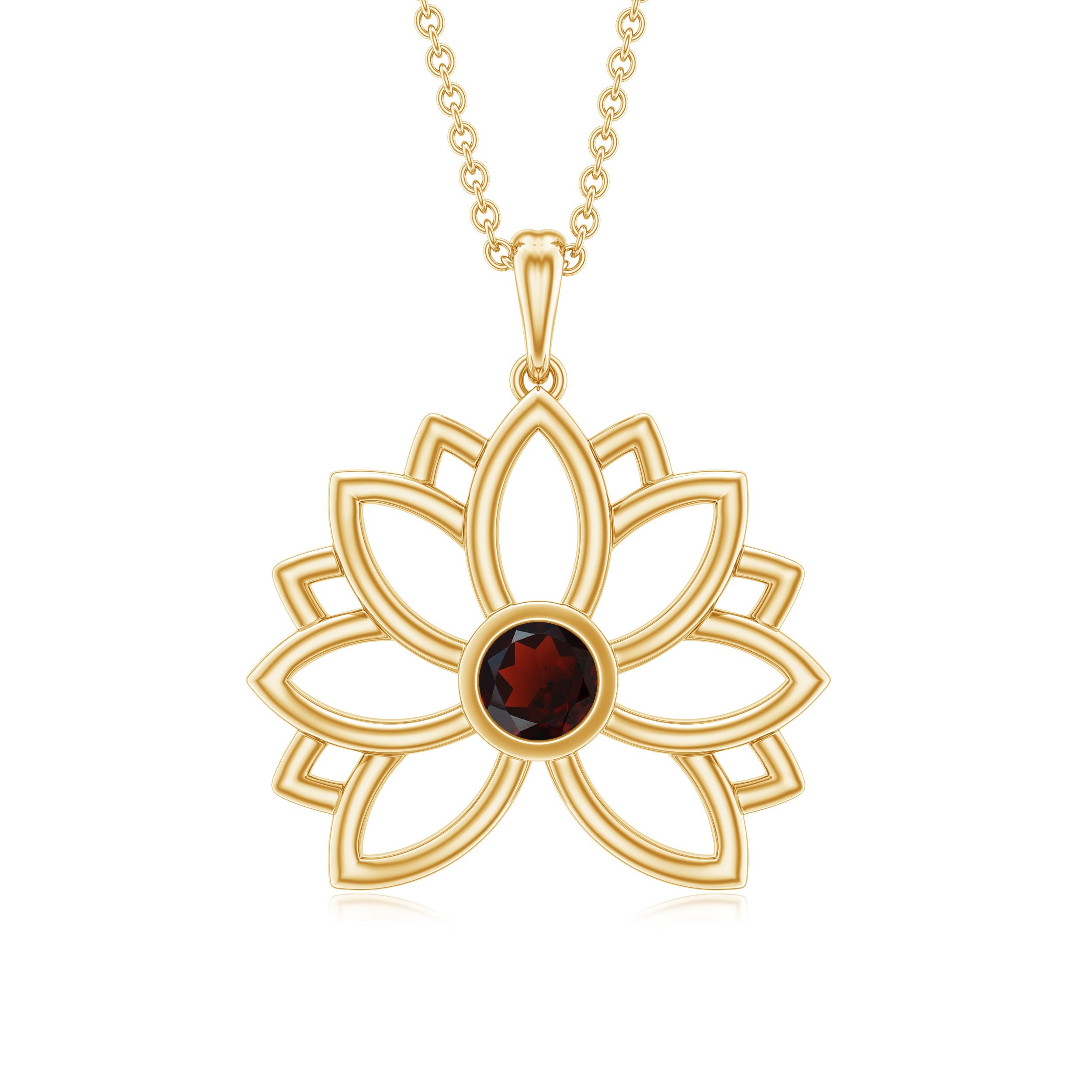 Bezel Set Garnet Lotus Floral Pendant Necklace