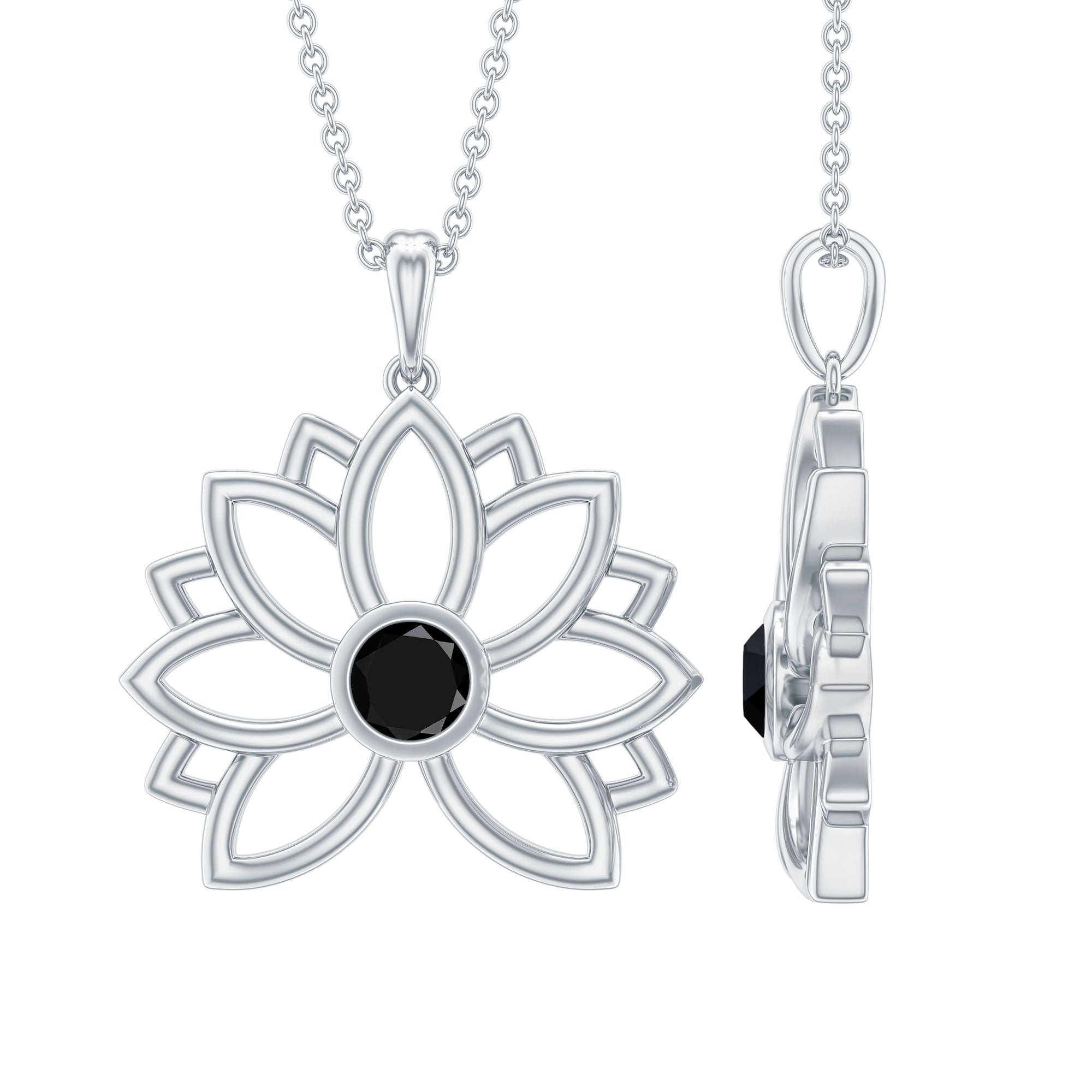 Bezel Set Lab Grown Black Diamond Lotus Flower Necklace
