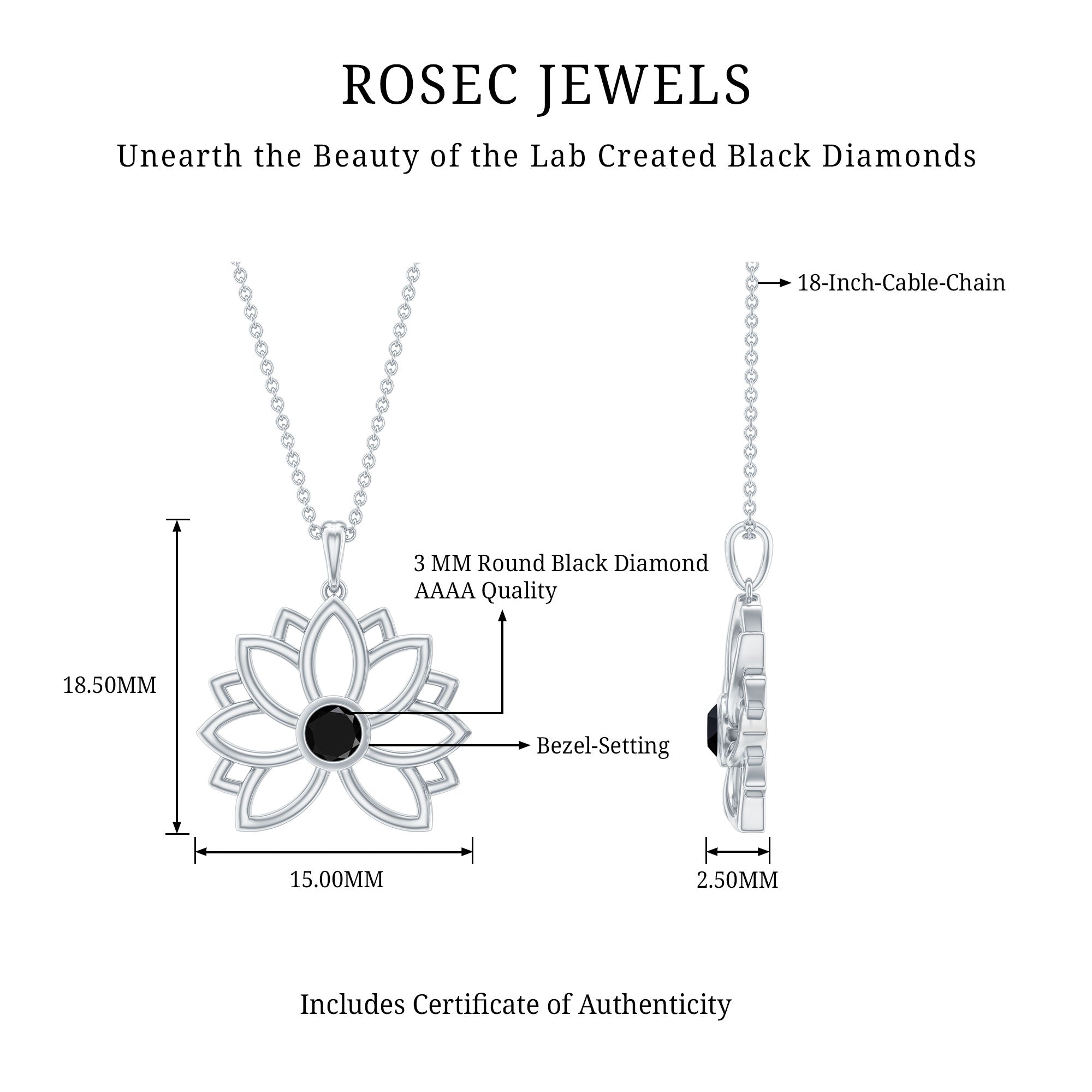 Bezel Set Lab Grown Black Diamond Lotus Flower Necklace