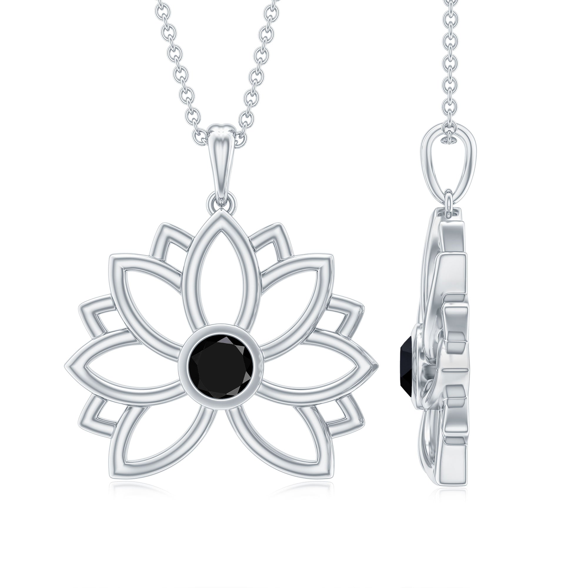 Bezel Set Lab Grown Black Diamond Lotus Flower Necklace