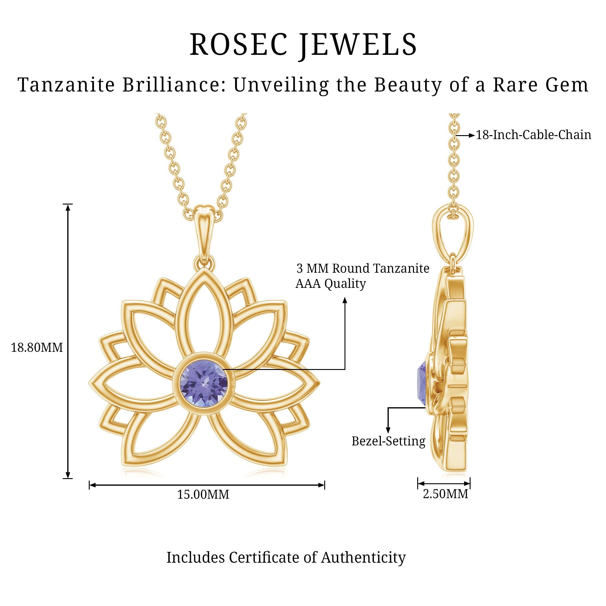 Bezel Set Tanzanite Lotus Flower Pendant Necklace