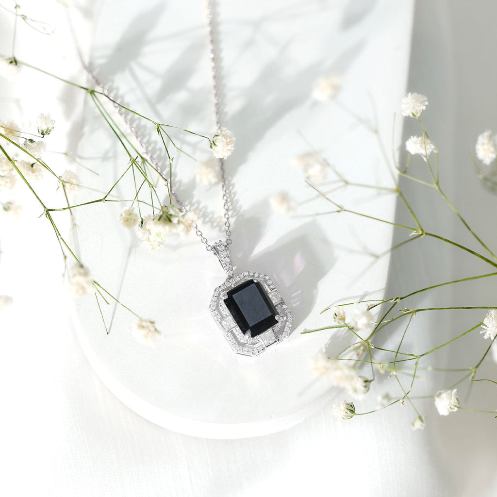 Vintage Inspired 3.4 Carat Emerald Cut Synthetic Black Diamond Pendant Necklace
