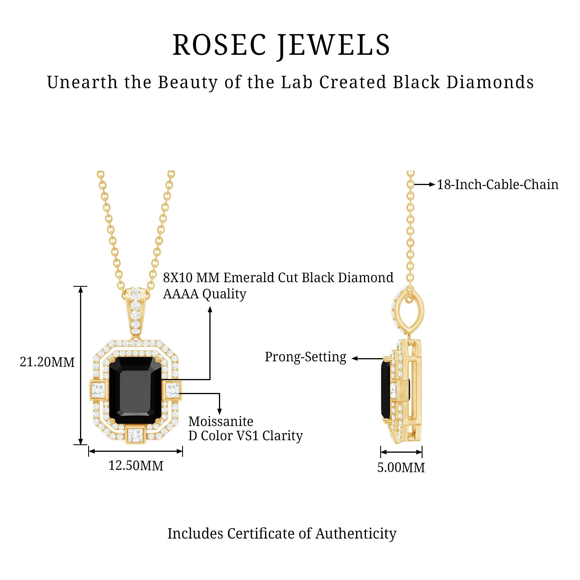 Vintage Inspired 3.4 Carat Emerald Cut Synthetic Black Diamond Pendant Necklace