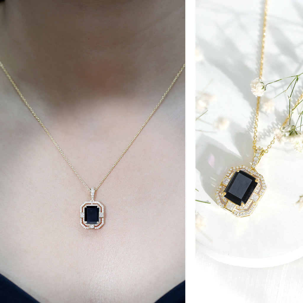 Vintage Inspired 3.4 Carat Emerald Cut Synthetic Black Diamond Pendant Necklace