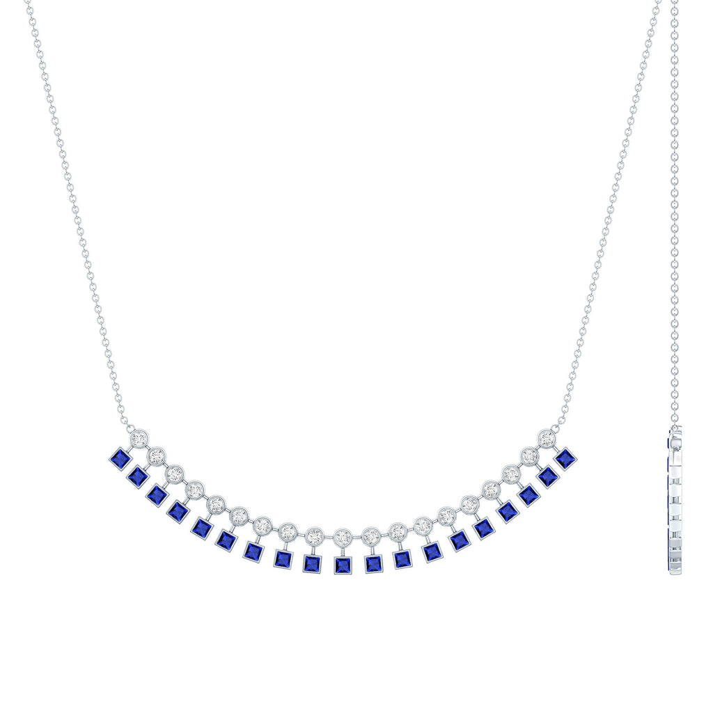 Princess Cut Lab Grown Blue Sapphire Statement Necklace With Certificate