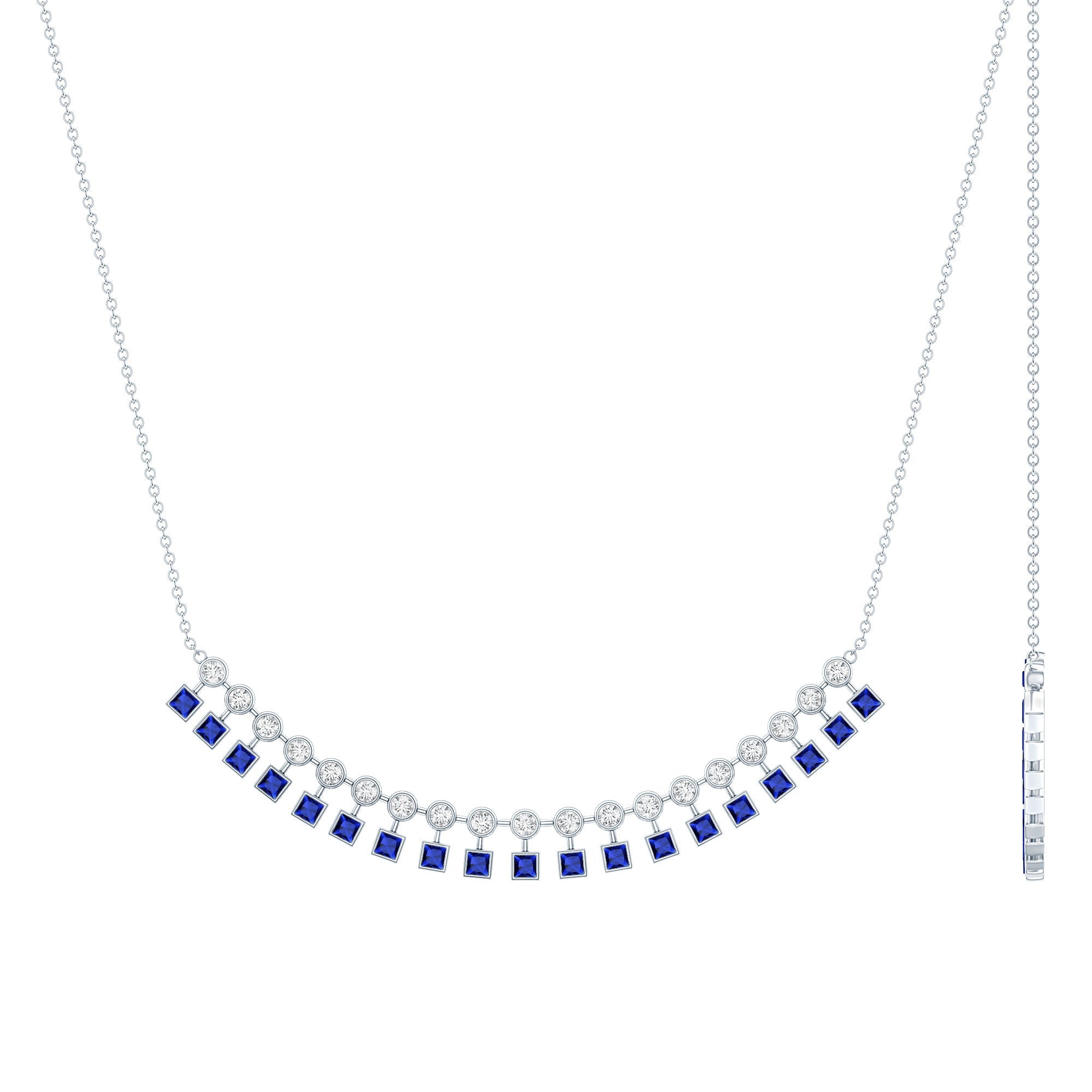 Princess Cut Lab Grown Blue Sapphire Statement Necklace With Certificate