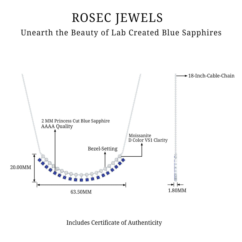 Princess Cut Lab Grown Blue Sapphire Statement Necklace With Certificate