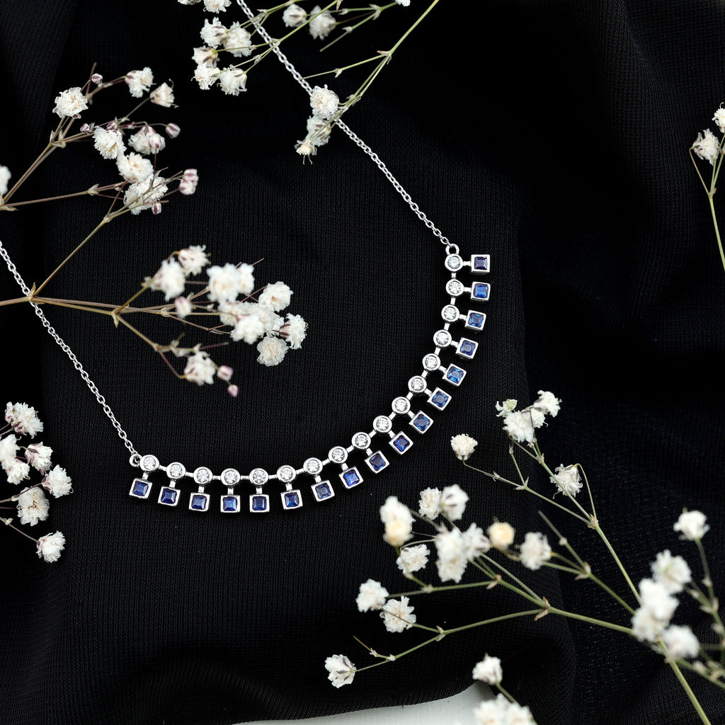 Princess Cut Lab Grown Blue Sapphire Statement Necklace With Certificate