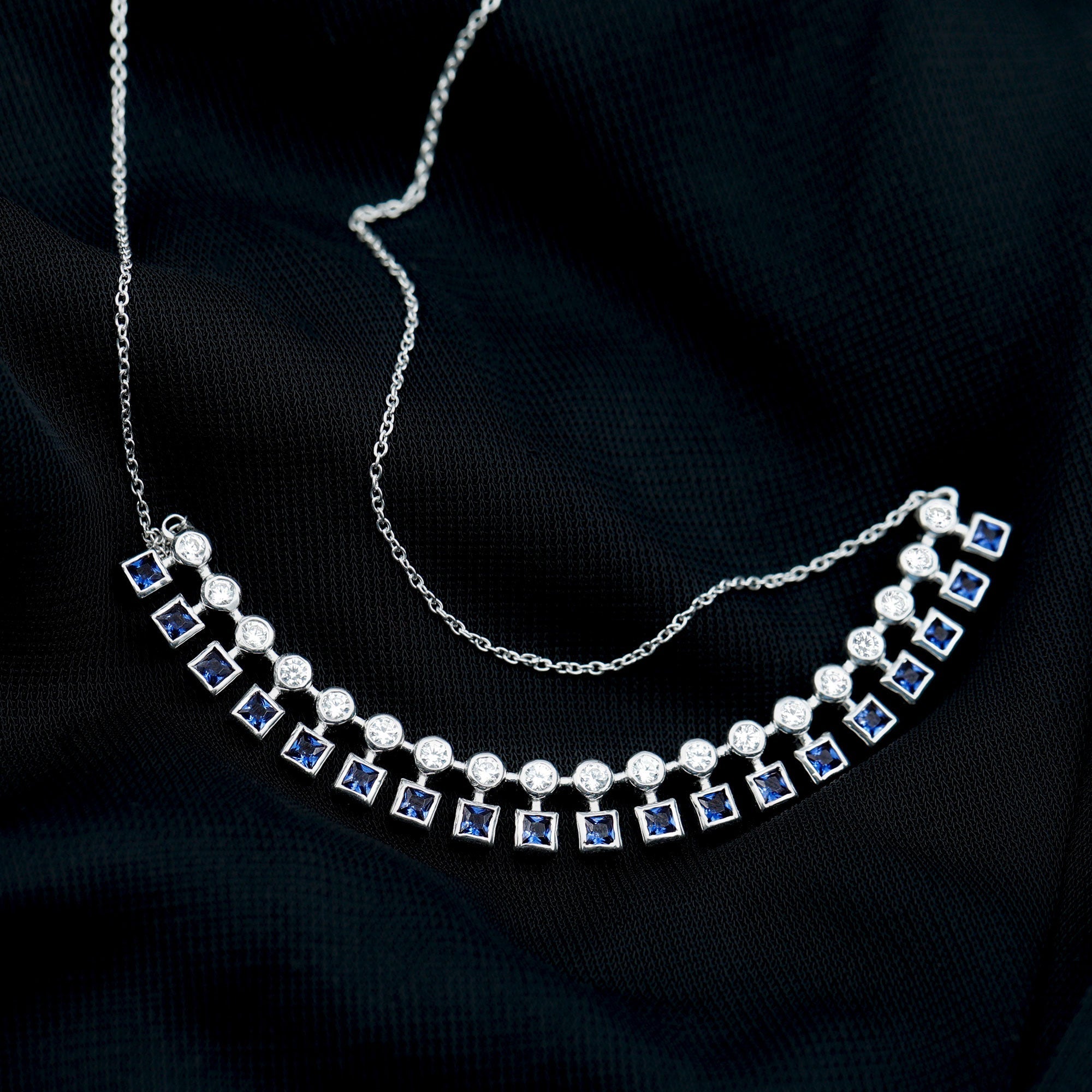Princess Cut Lab Grown Blue Sapphire Statement Necklace With Certificate