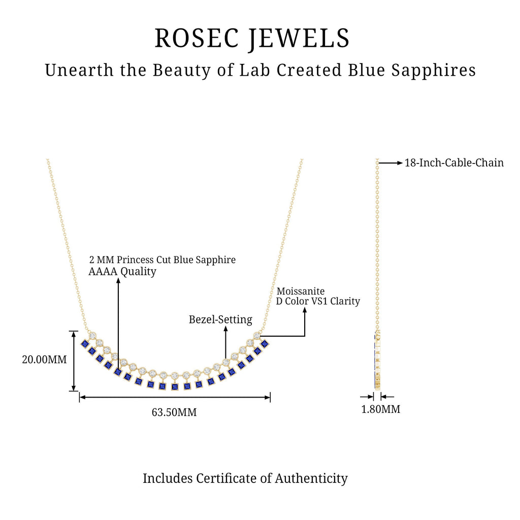 Princess Cut Lab Grown Blue Sapphire Statement Necklace With Certificate