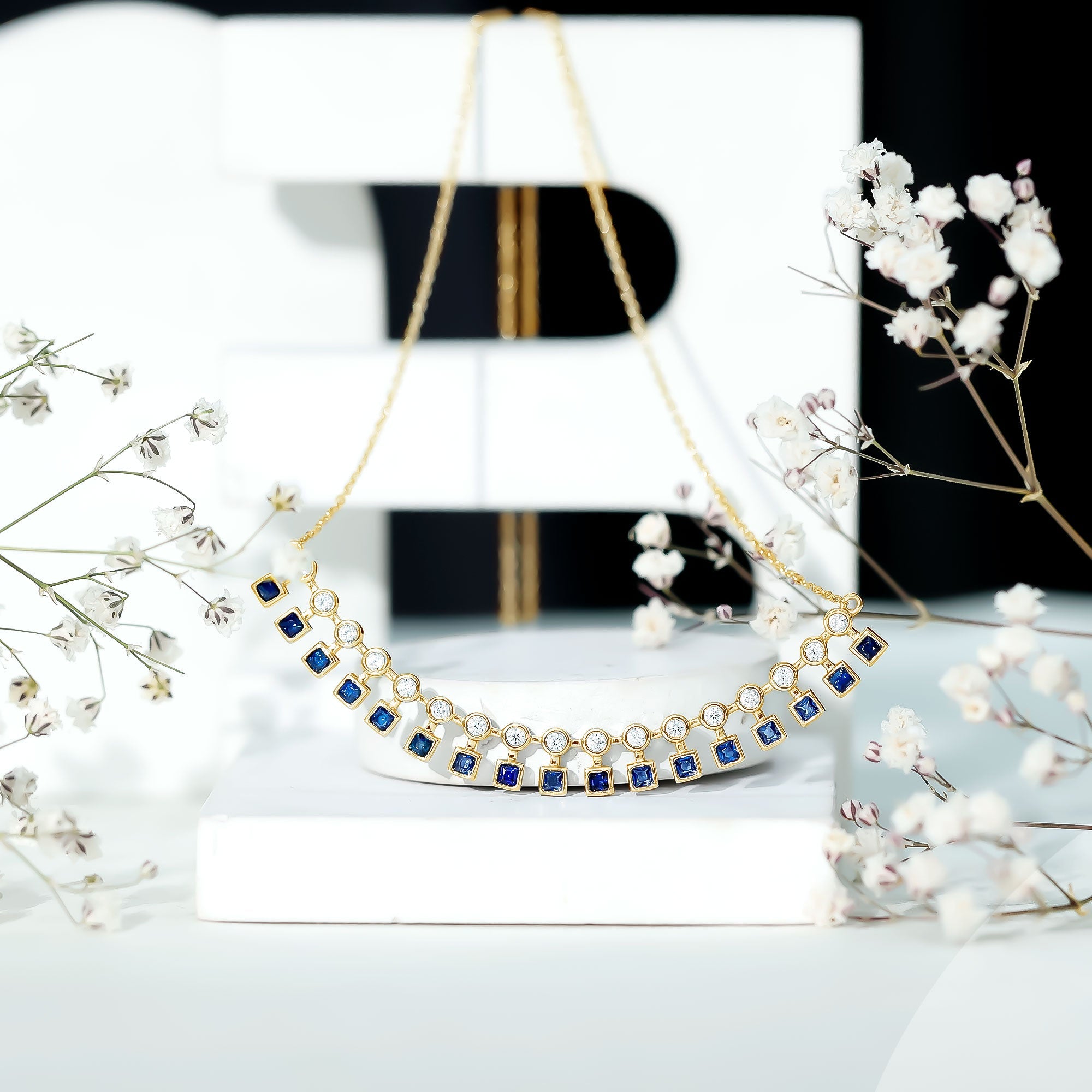 Princess Cut Lab Grown Blue Sapphire Statement Necklace With Certificate