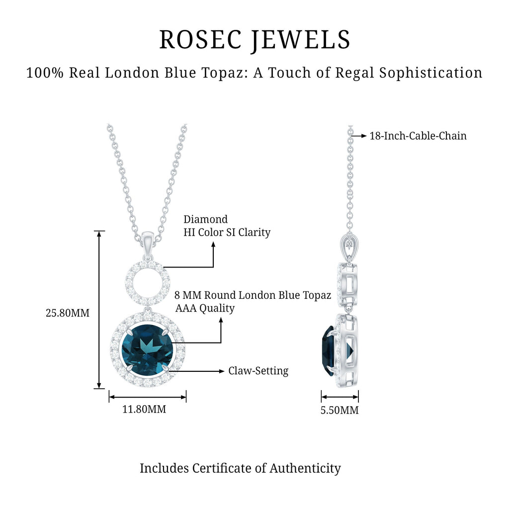 2 Carat London Blue Topaz and Diamond Halo Dangle Pendant