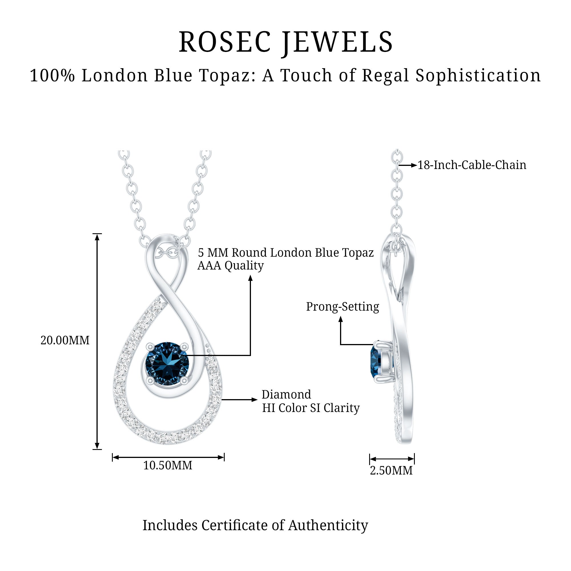 Real London Blue Topaz Infinity Necklace with Diamond