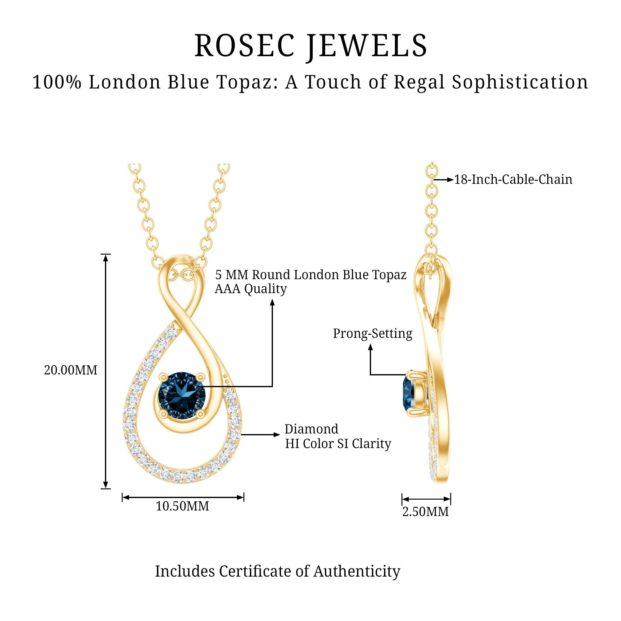 Real London Blue Topaz Infinity Necklace with Diamond